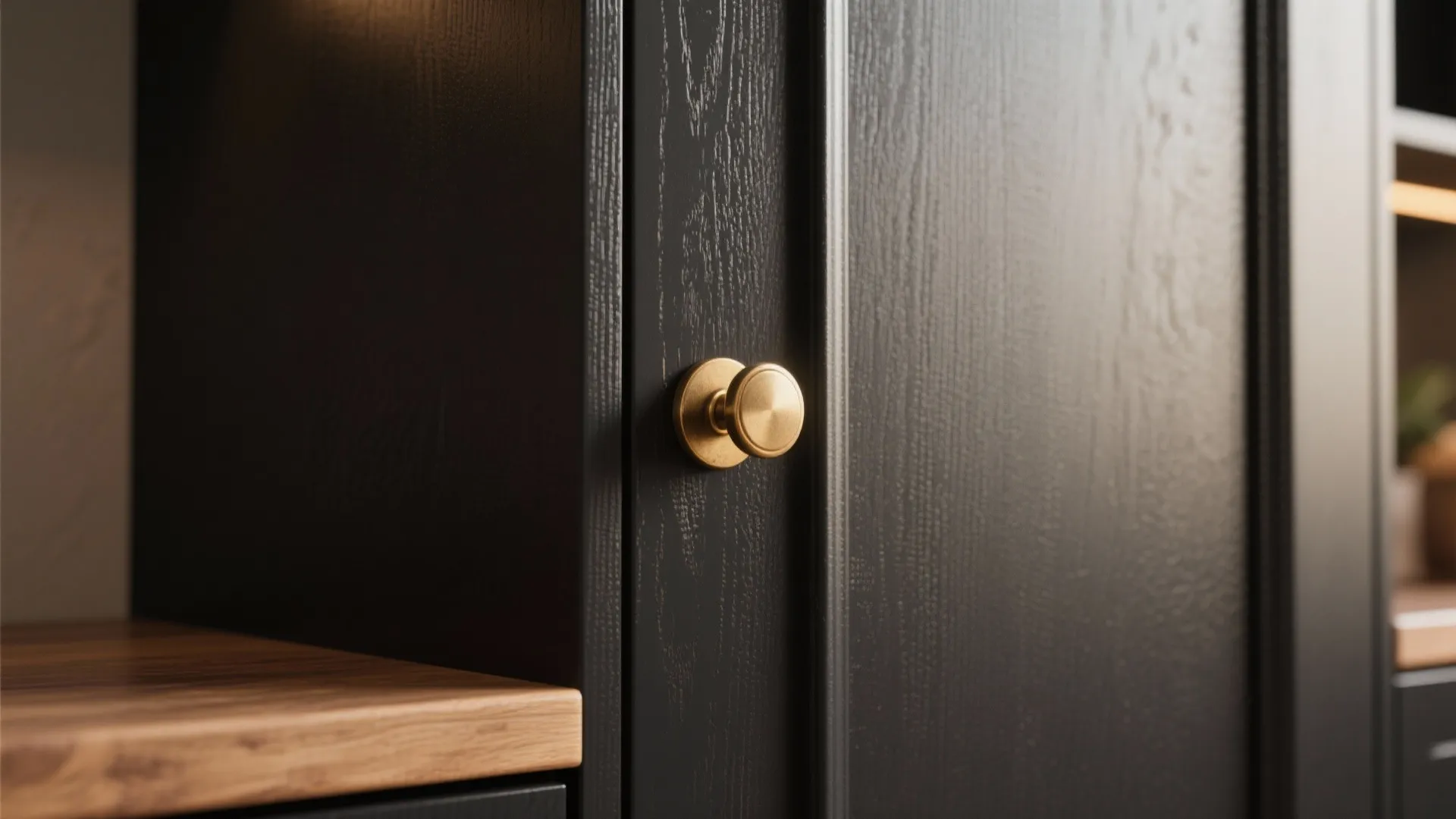 Close up of a round gold handle on a dark wood cabinet with warm interior lighting