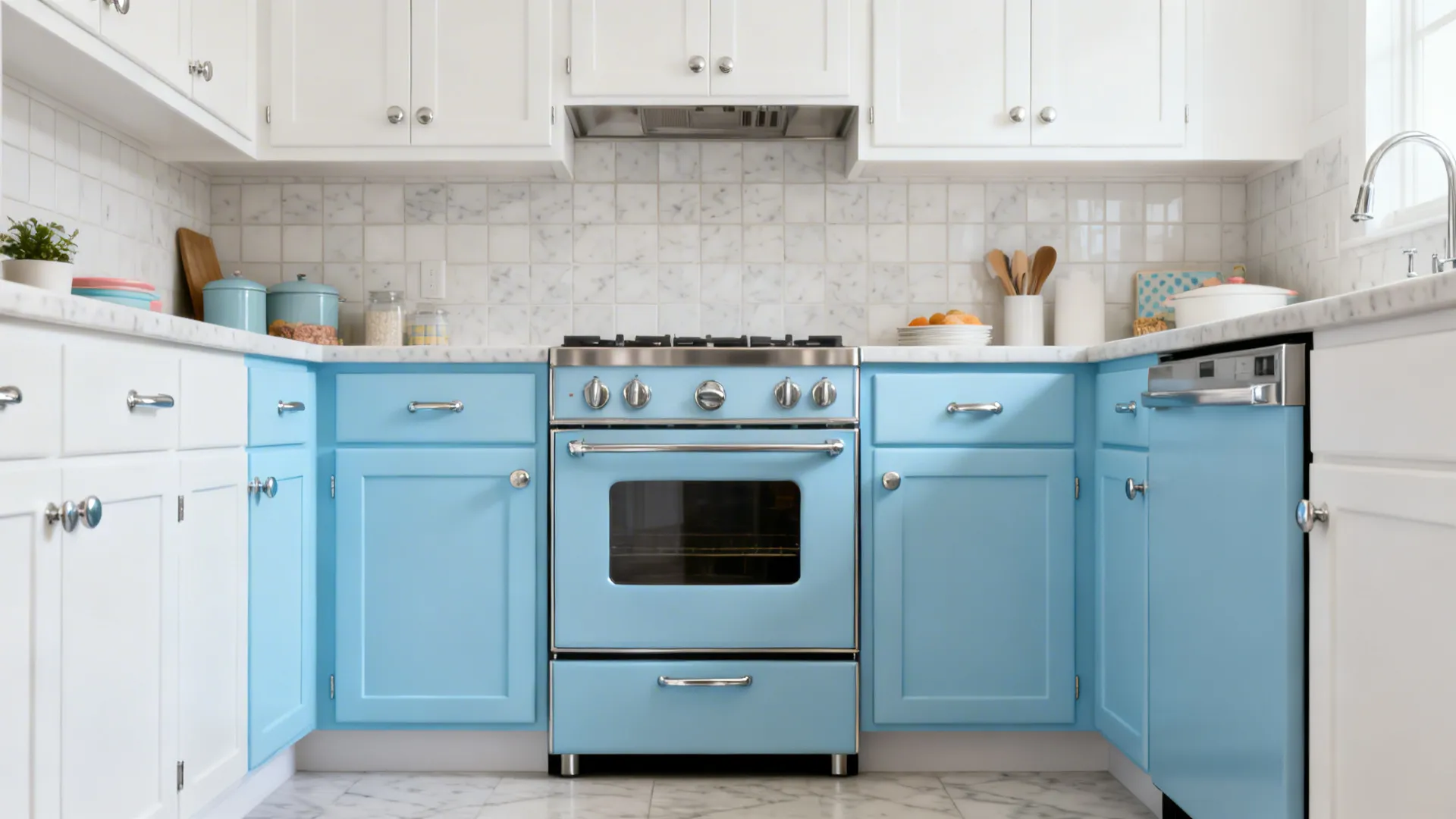 Compact kitchen with panel-ready appliances in soft sky-blue fronts and chrome pulls.