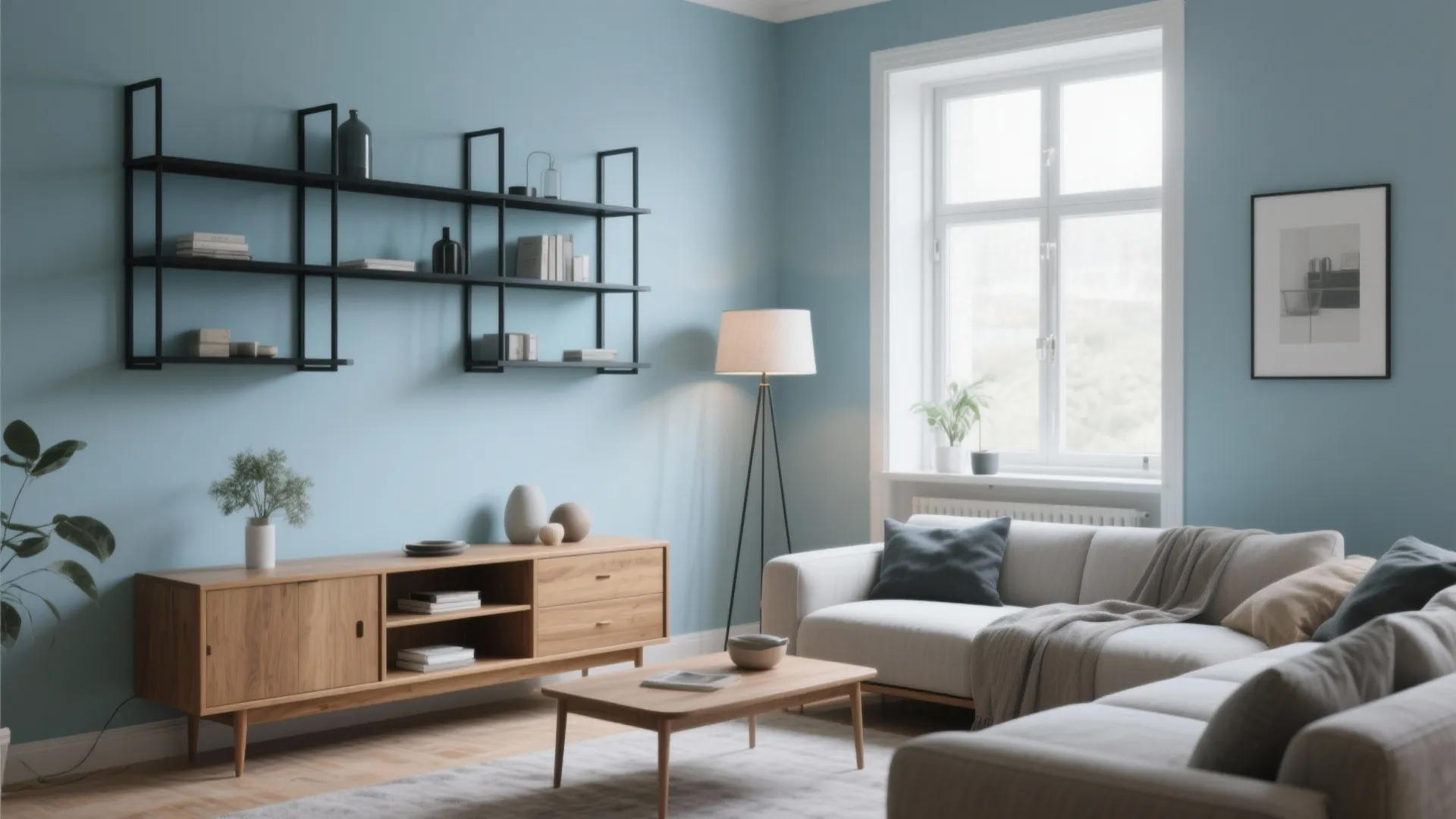 3. Soft blue walls, black metal details