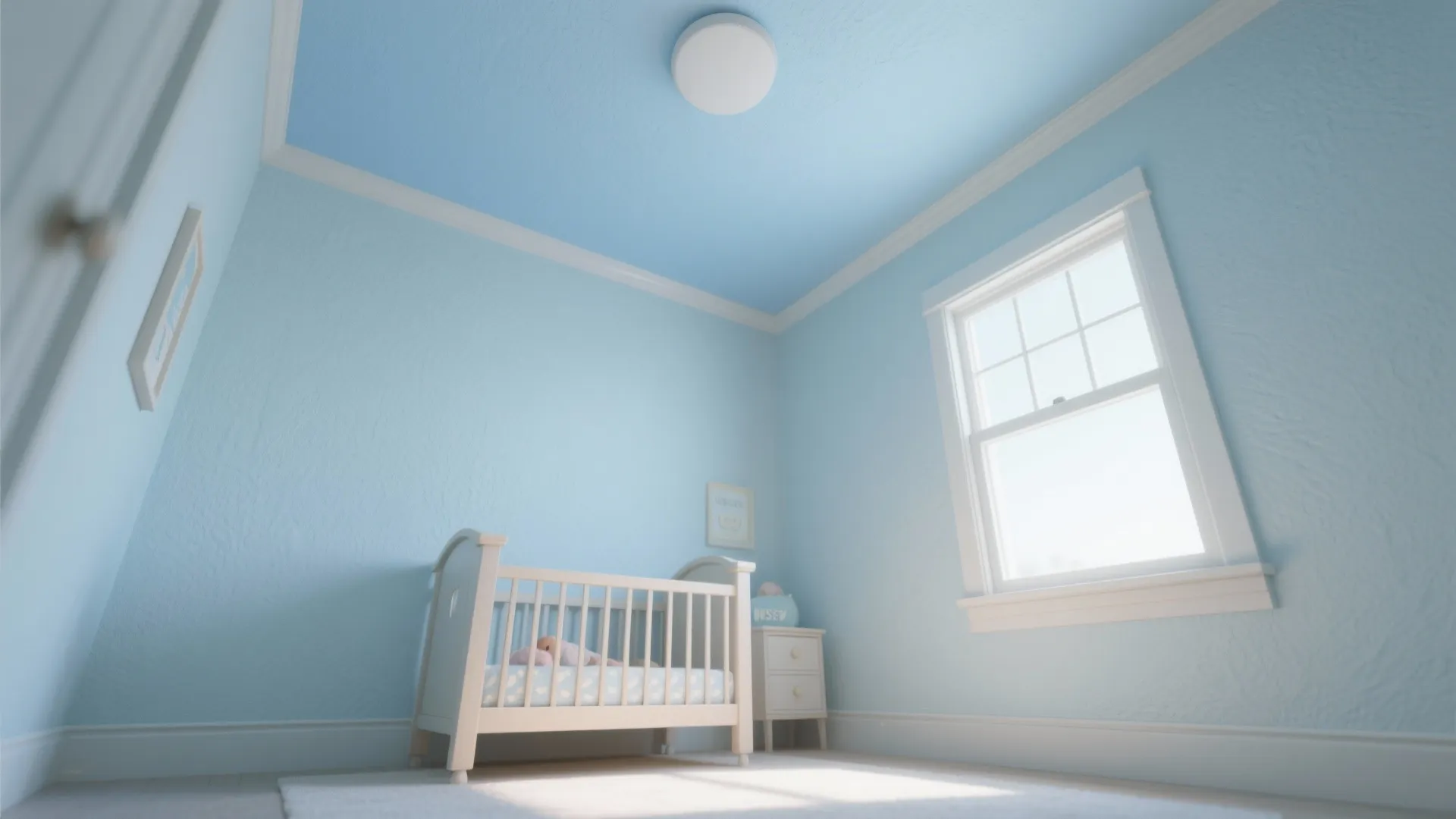 Light blue baby nursery room with white crib small table window and round ceiling light