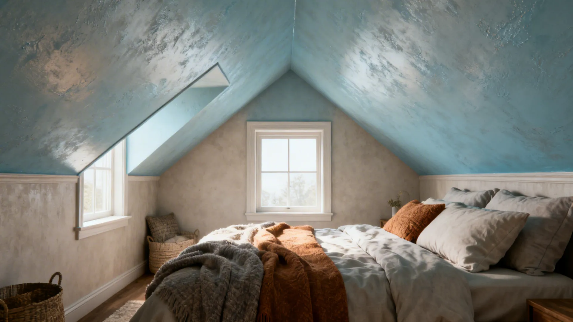 Attic bedroom with a pale blue ceiling that creates an enveloping, intentional feel.