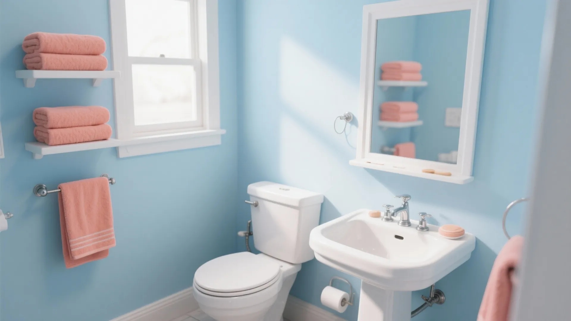 3. Soft Blue Walls with Coral Towels