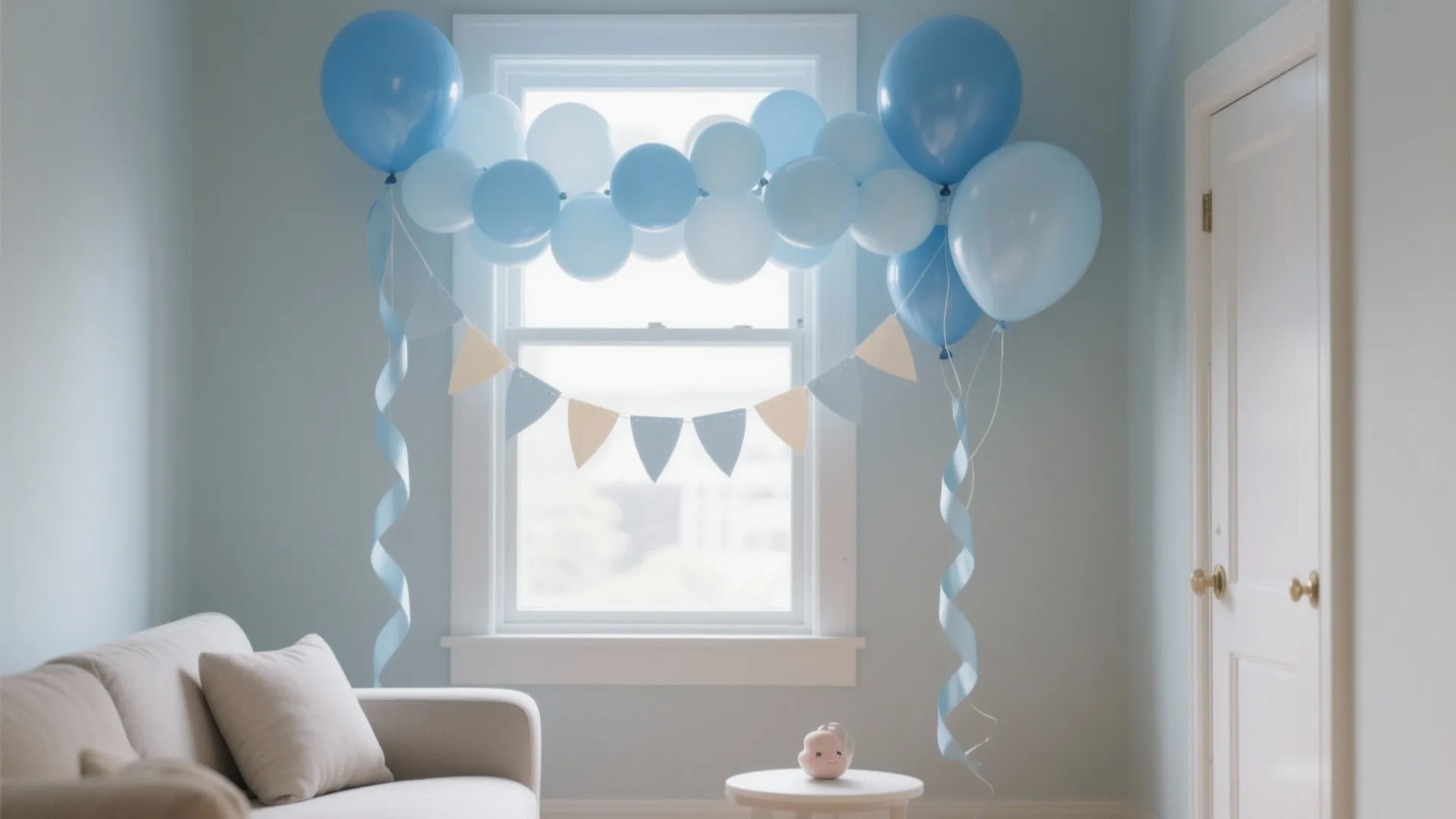 Bright living room decorated with blue balloon garland and hanging banner over a white framed window