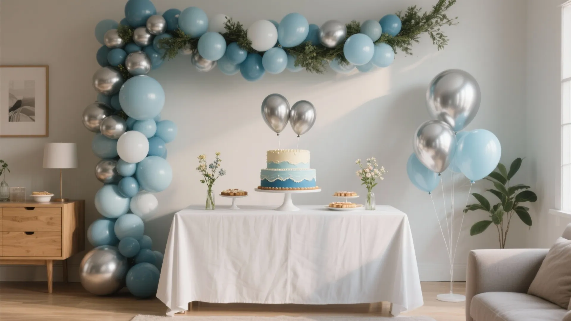 Soft Blue Organic Balloon Garland over the Dessert Table
