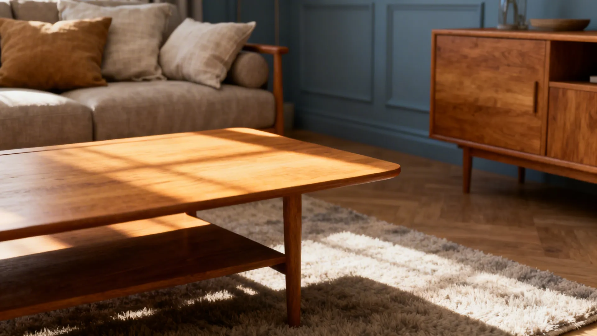 Wooden coffee table with sunlight, grey sofa with pillows, blue wall, and a wood cabinet