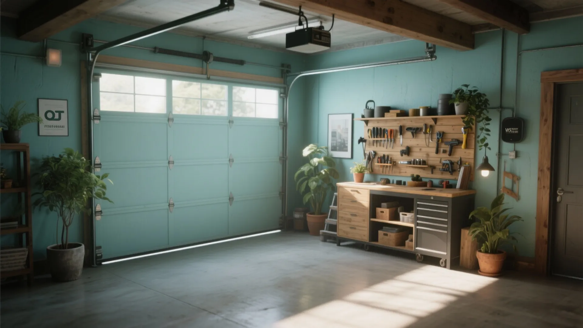 Organized garage interior with light blue walls wooden workbench tool storage wall and green potted plants