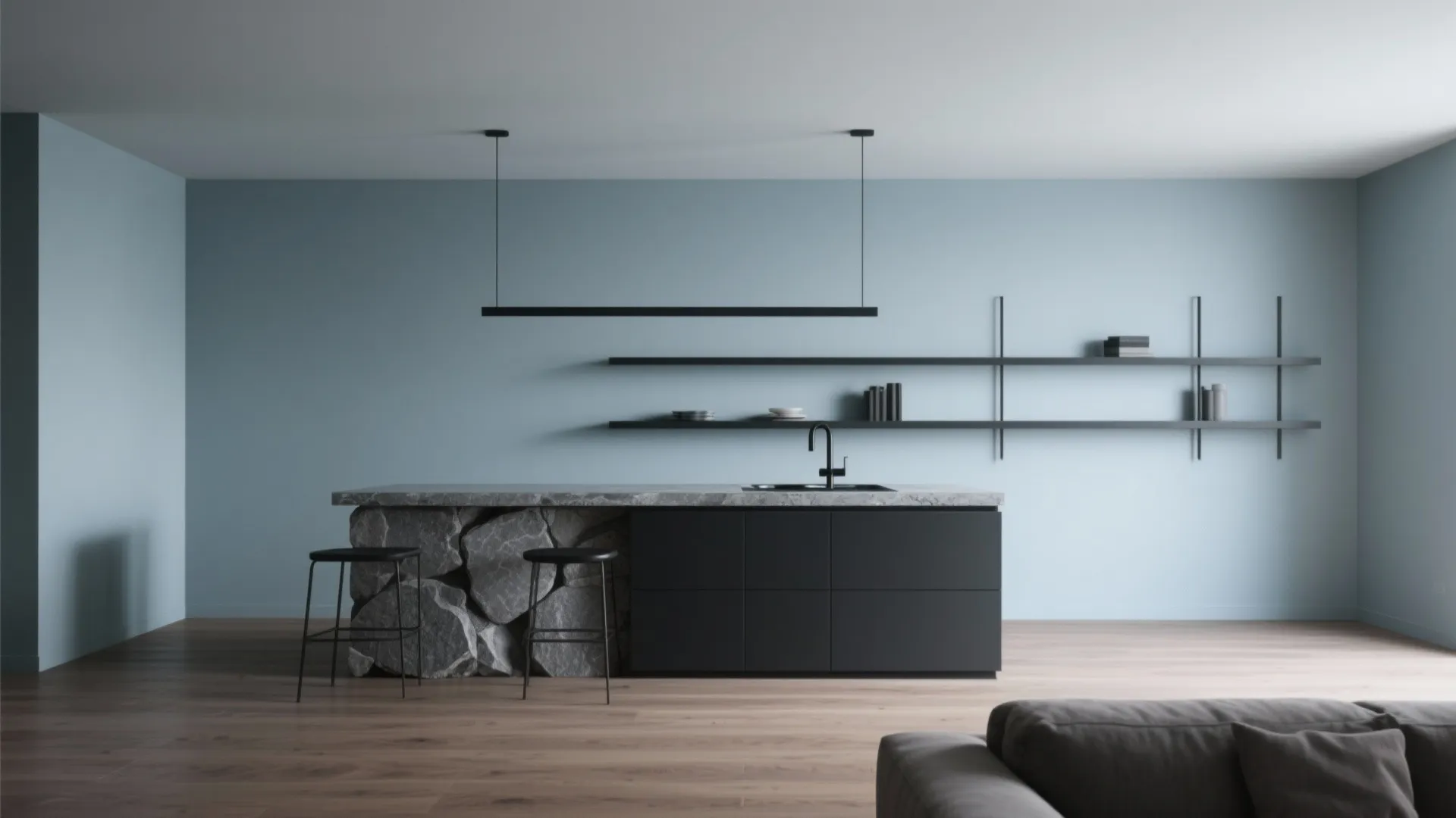 Minimalist kitchen with blue walls black island stone base black shelves and a ceiling light