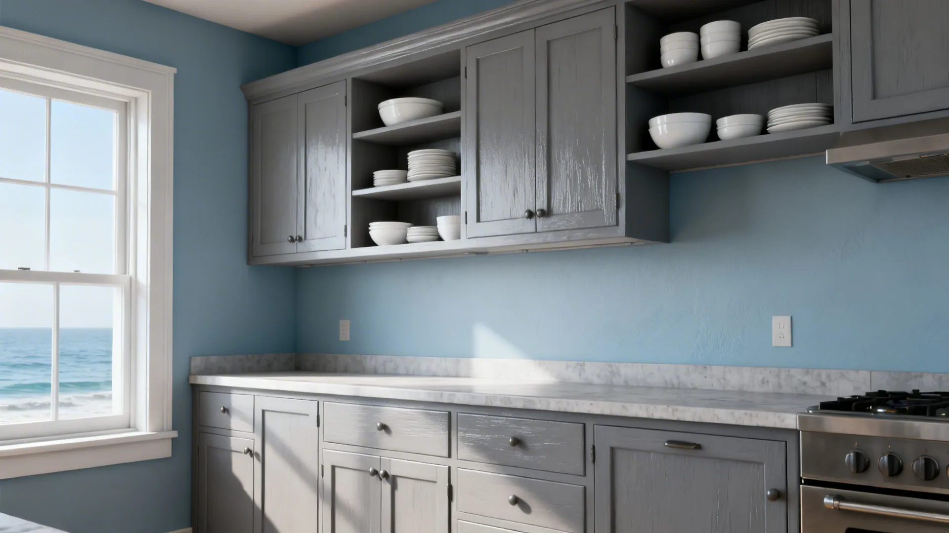 Light gray cabinets with muted soft blue walls and open shelves in a coastal-inspired kitchen.