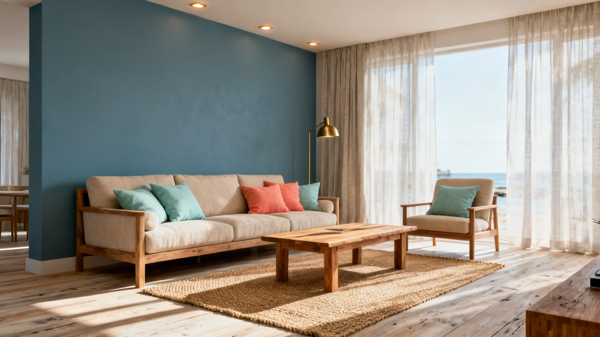 Living room with dusty blue accent wall, light wood furniture, and warm lighting