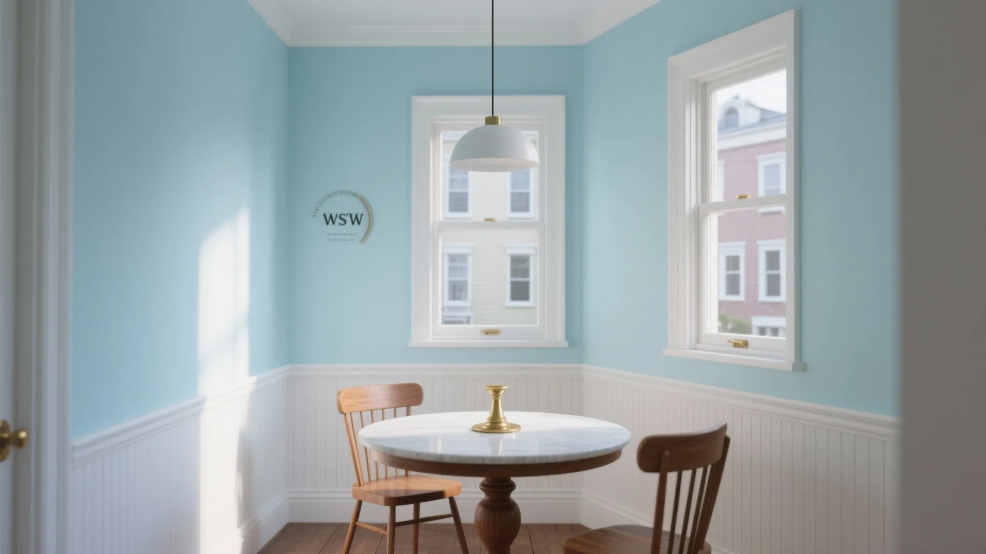 4. Soft Blue Walls with White Millwork