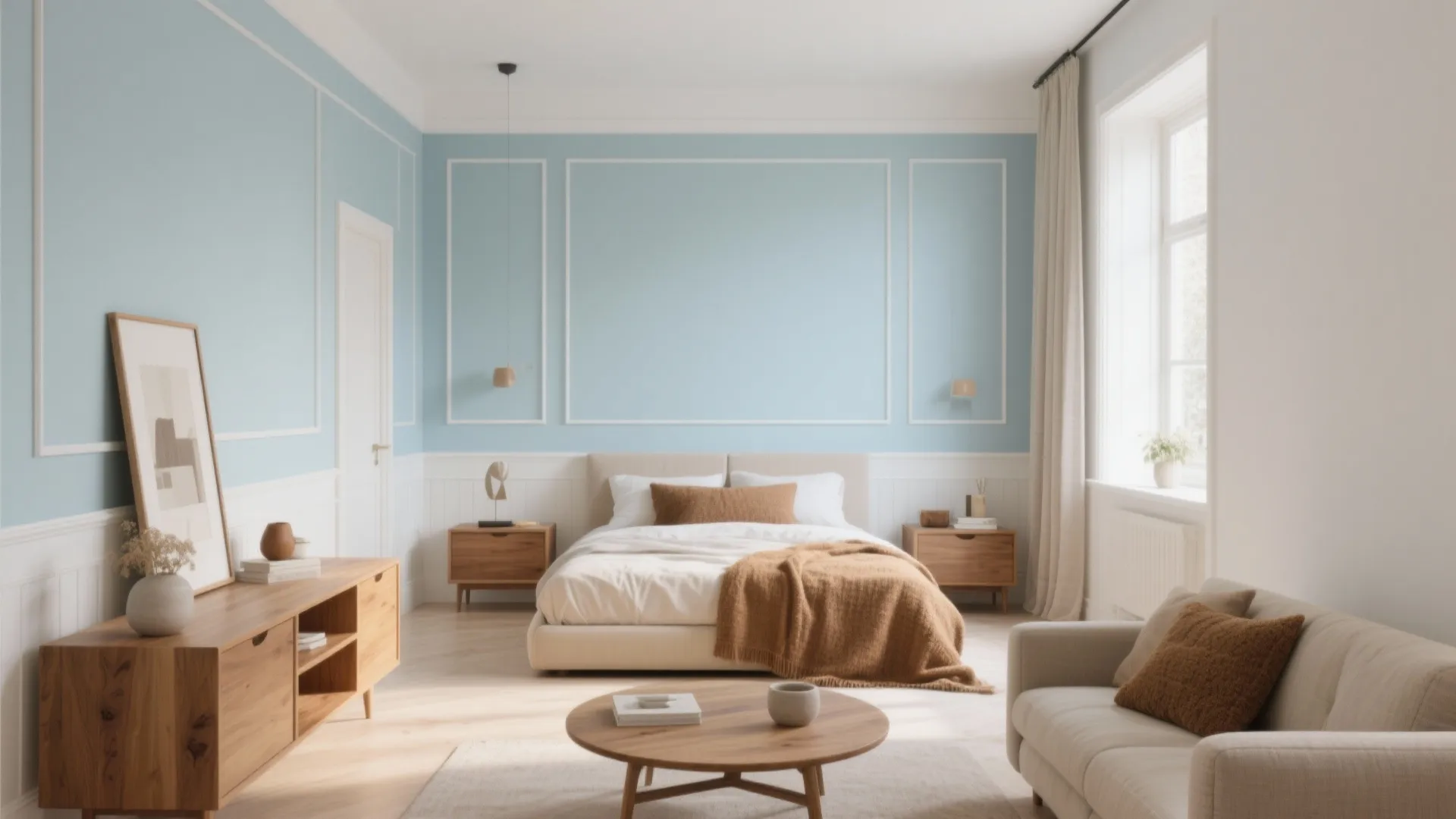 Blue bedroom with white wall panel bed brown pillows wooden cabinet coffee table and sofa