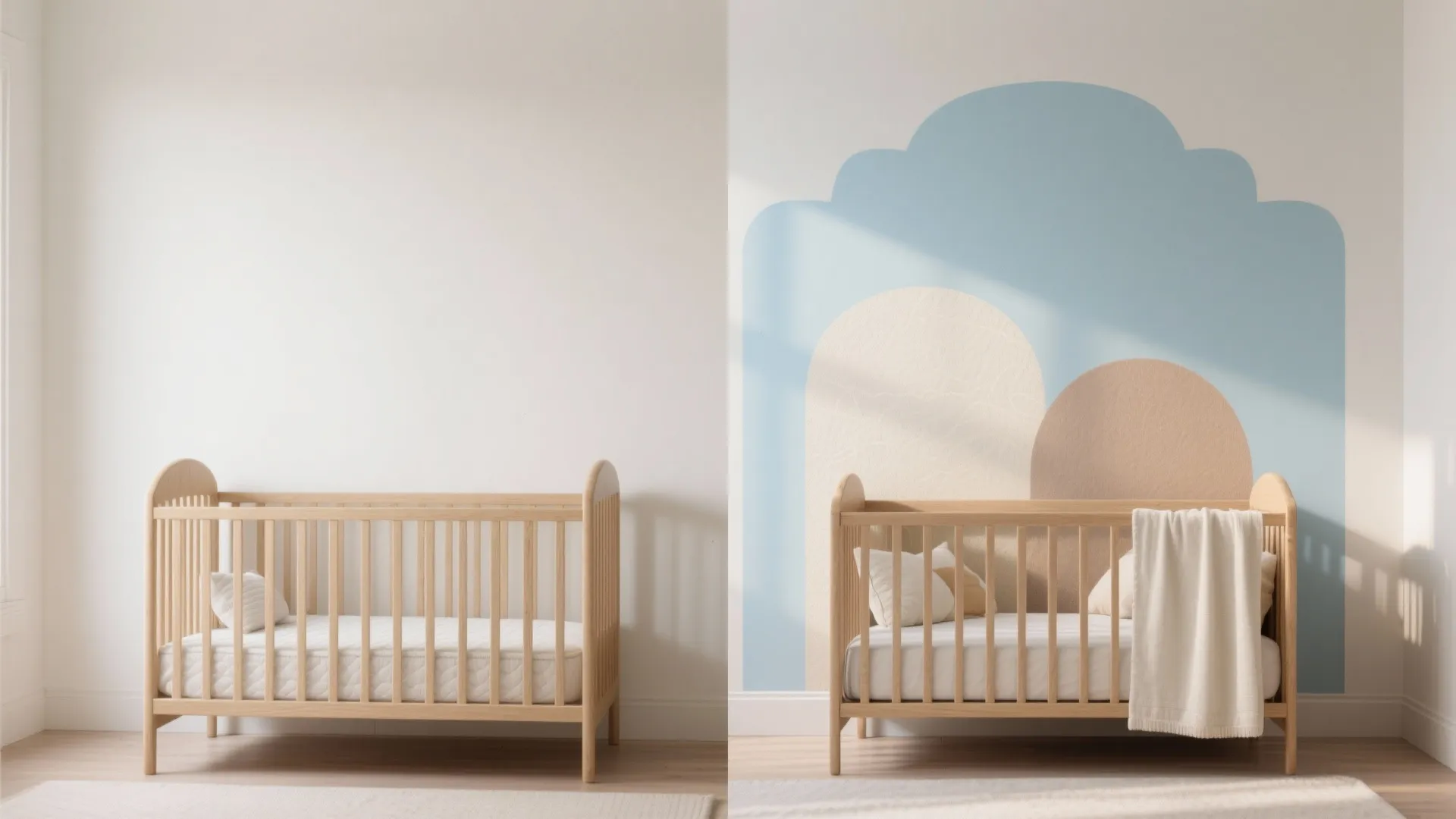 Comparison of a plain nursery wall versus a decorated wall with blue arch and bed
