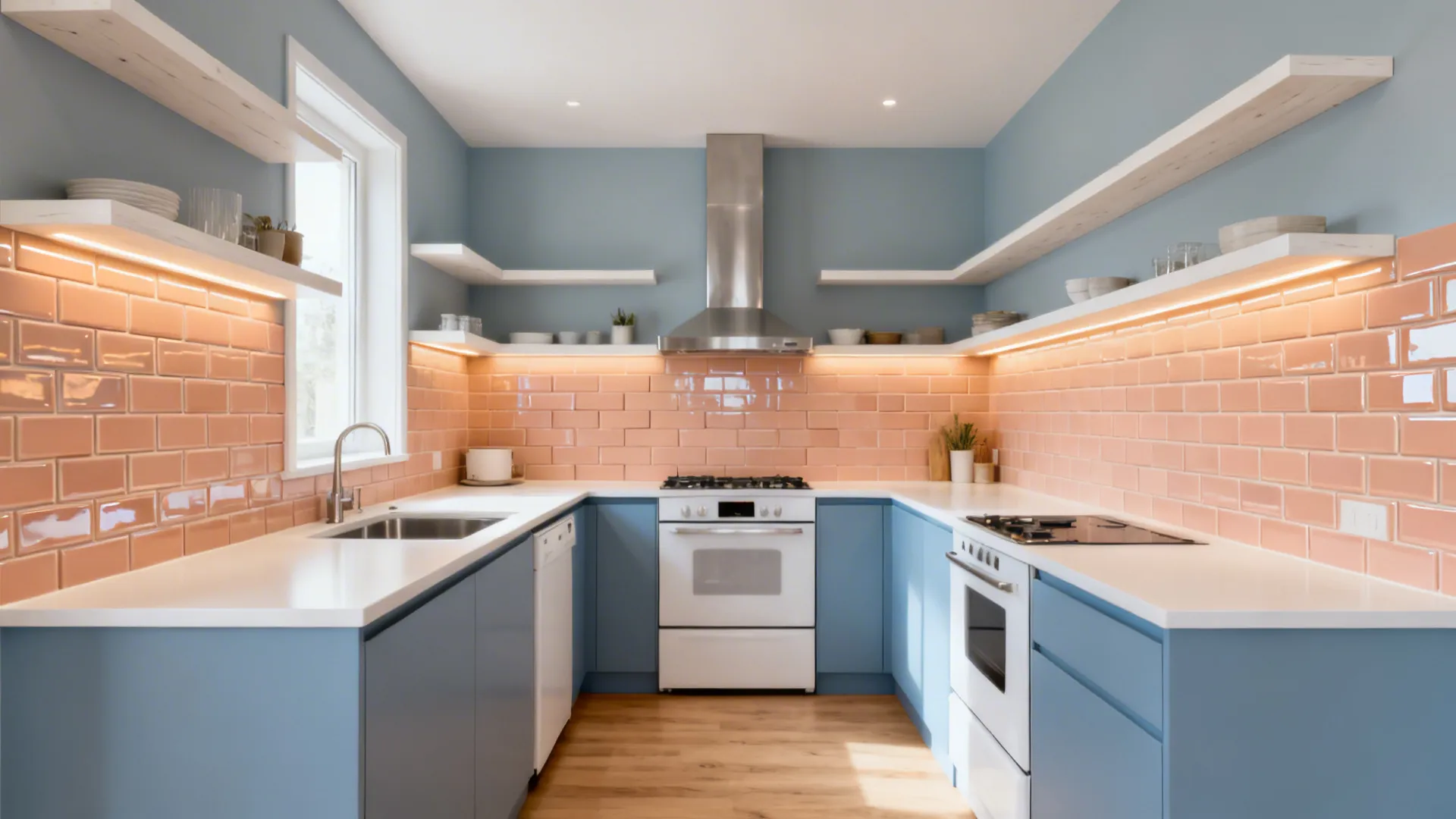 Soft Blue Walls + Peach Tile Backsplash