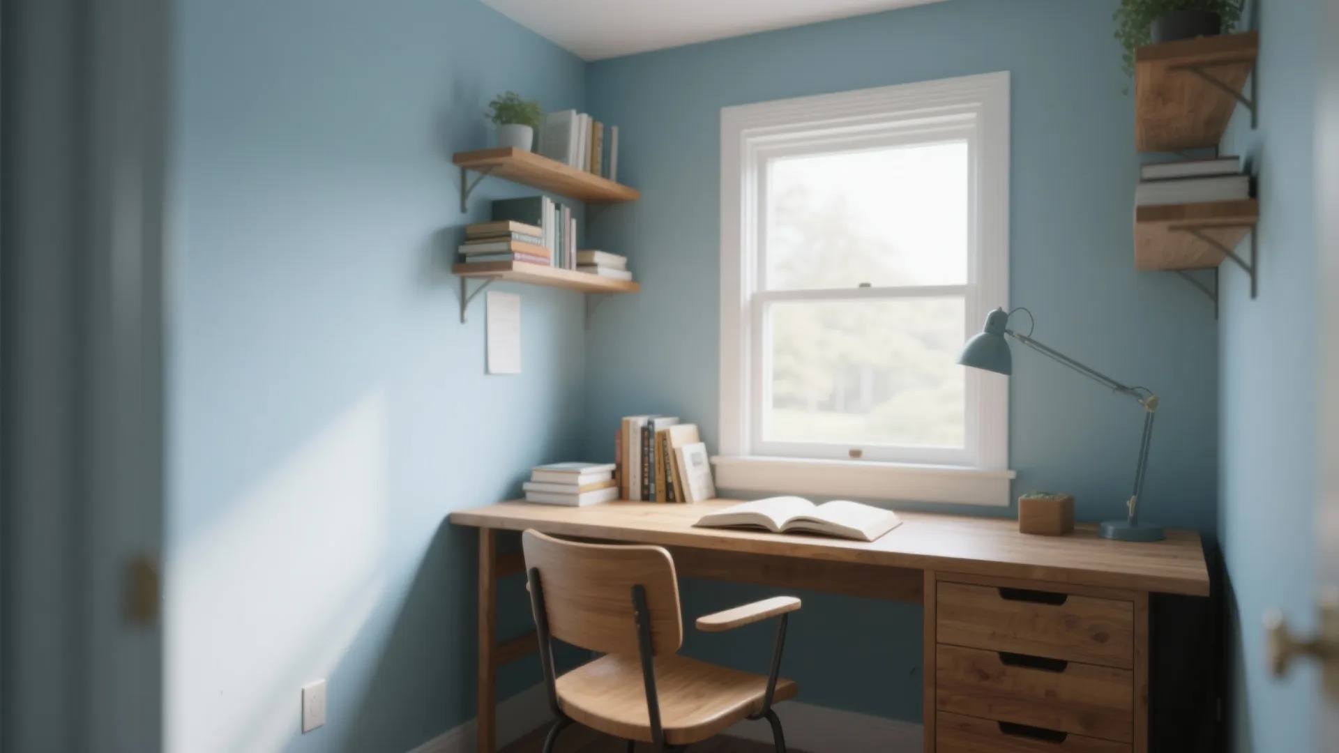Soft blue home study room featuring wooden desk chair window floating shelves and blue lamp