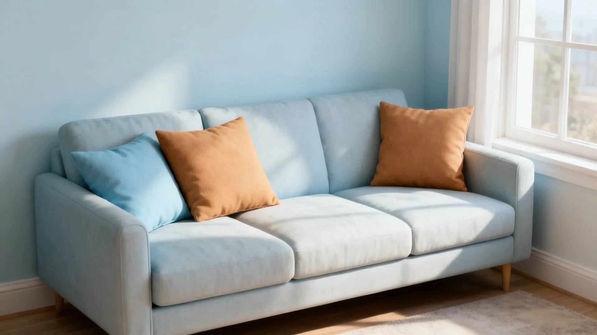 Small living room with pale blue pillows and warm tan cushions creating airy openness.