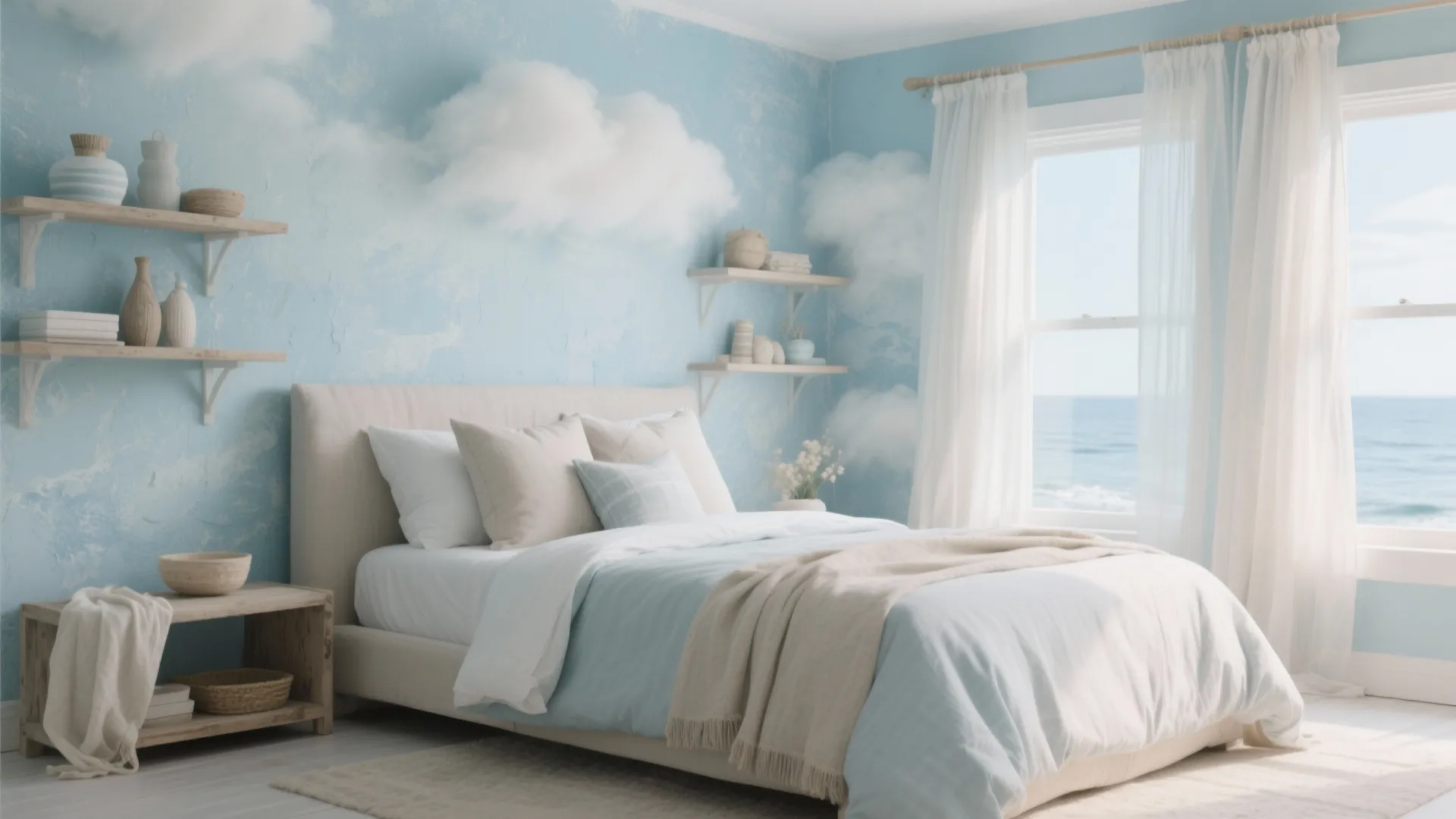 Light blue bedroom with cloud wallpaper, wooden shelves, white curtains, and view of the ocean