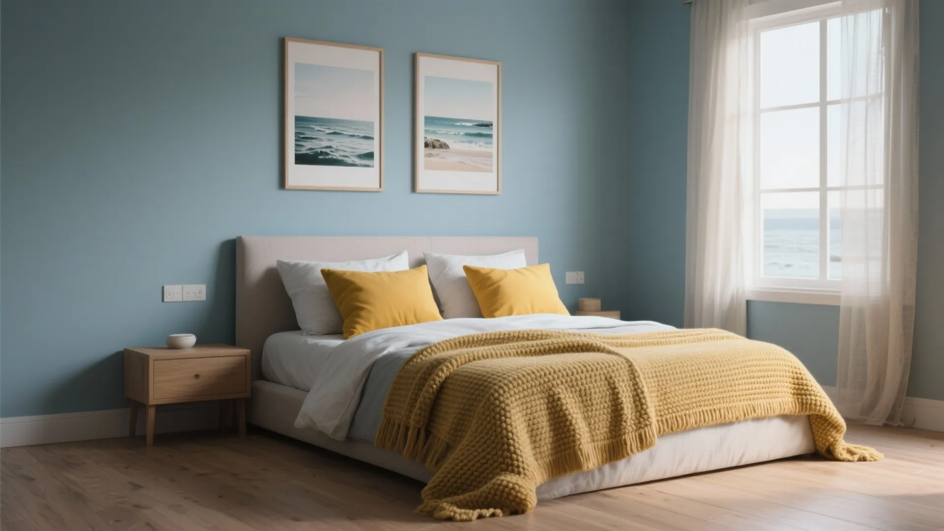 Tip 1: Soft Blue Walls with Mustard Accents