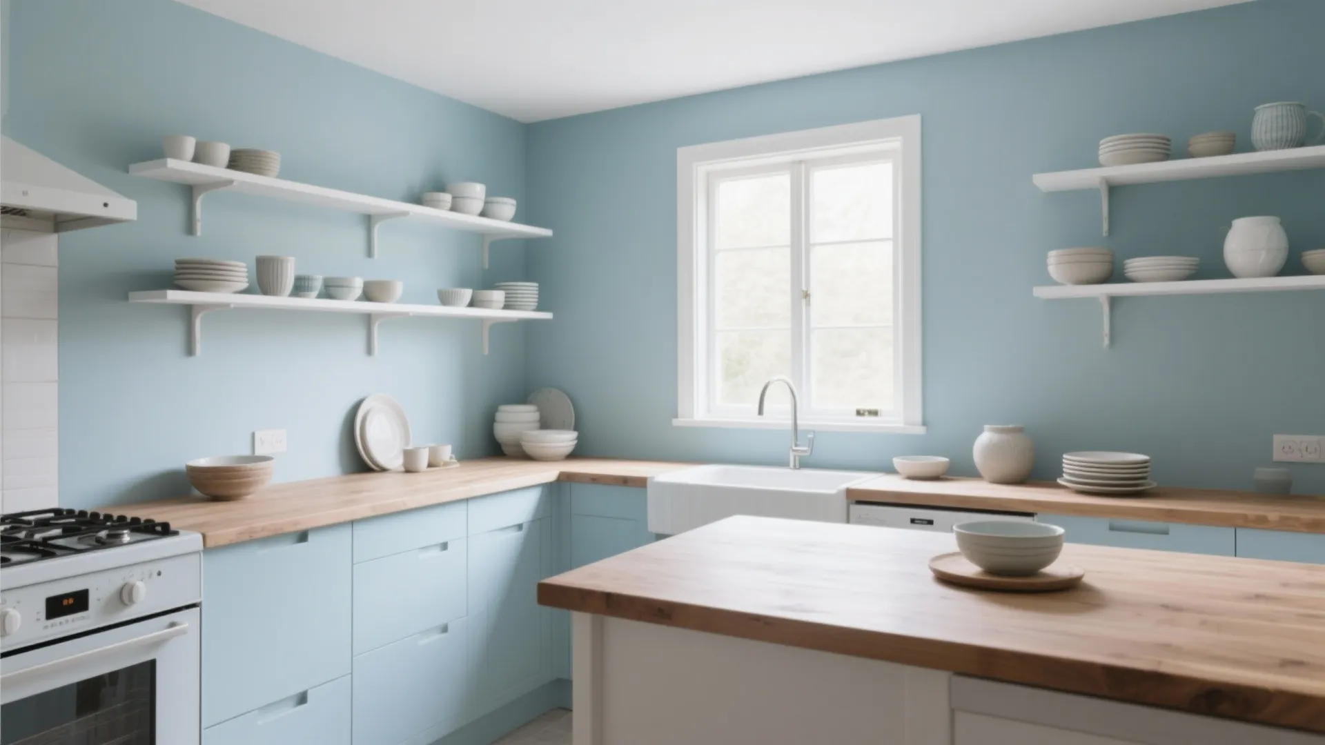 3. Soft Blue Walls with White Open Shelving