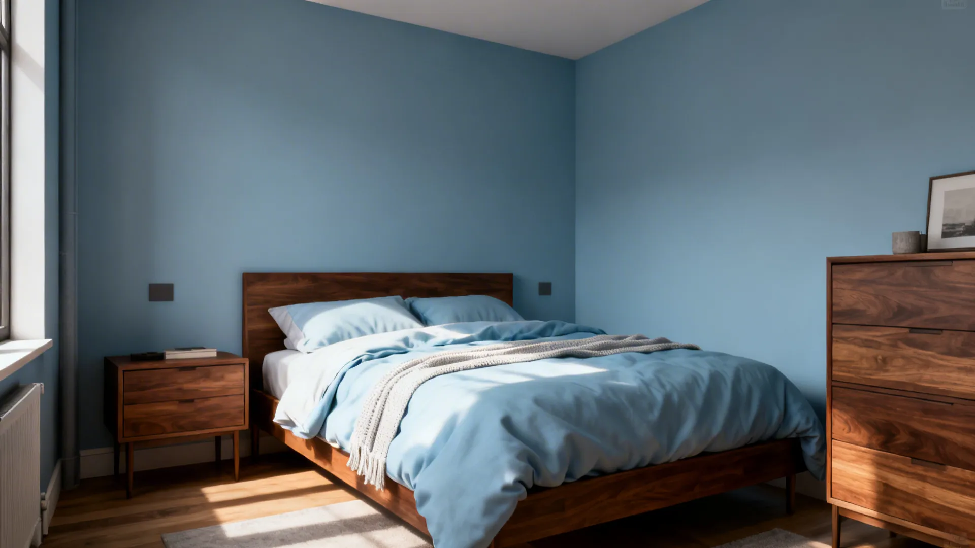 Bedroom with muted blue walls and walnut furniture balanced by light textiles