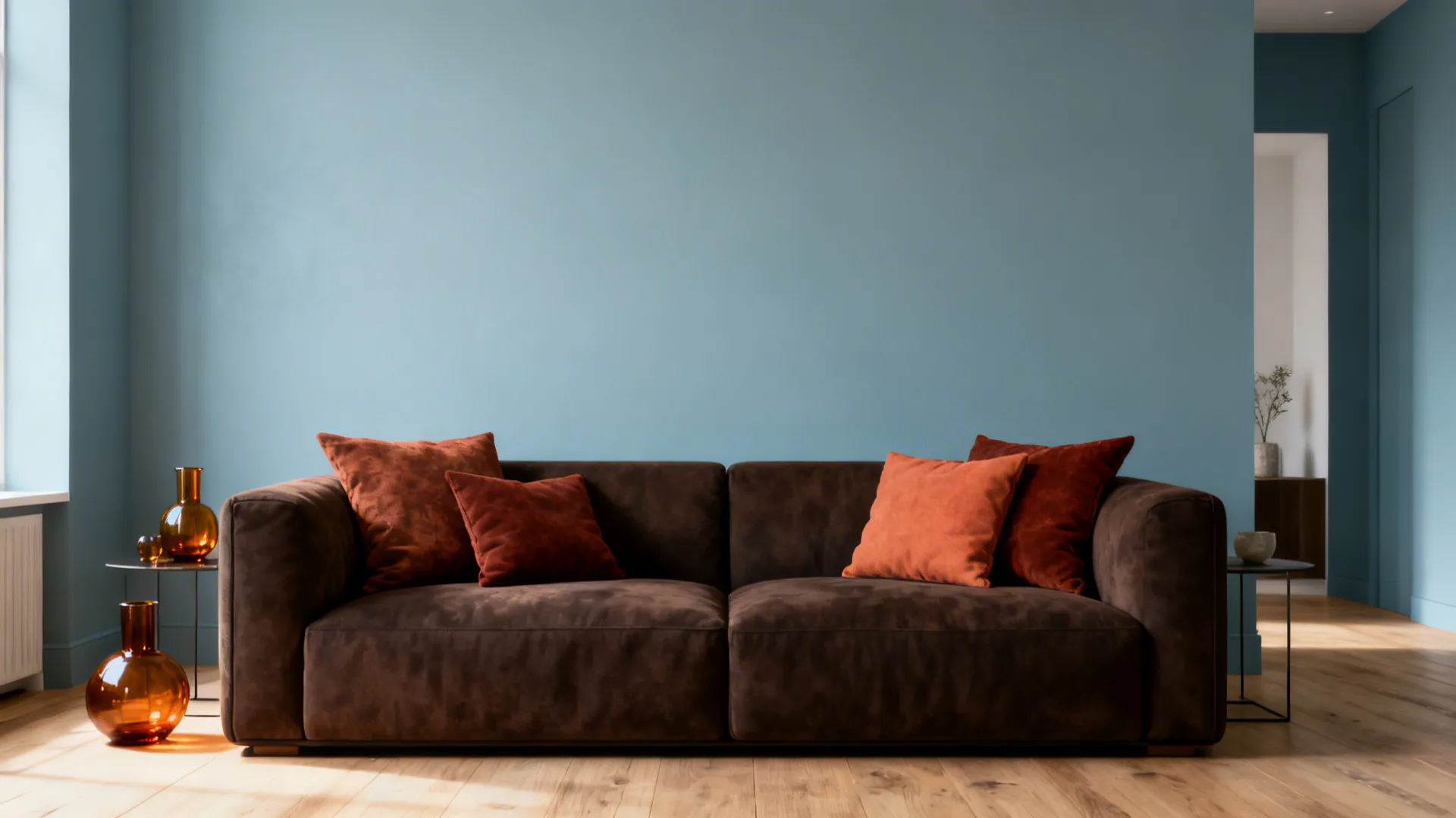 Modern brown sofa with orange pillows against a blue wall in a bright living room