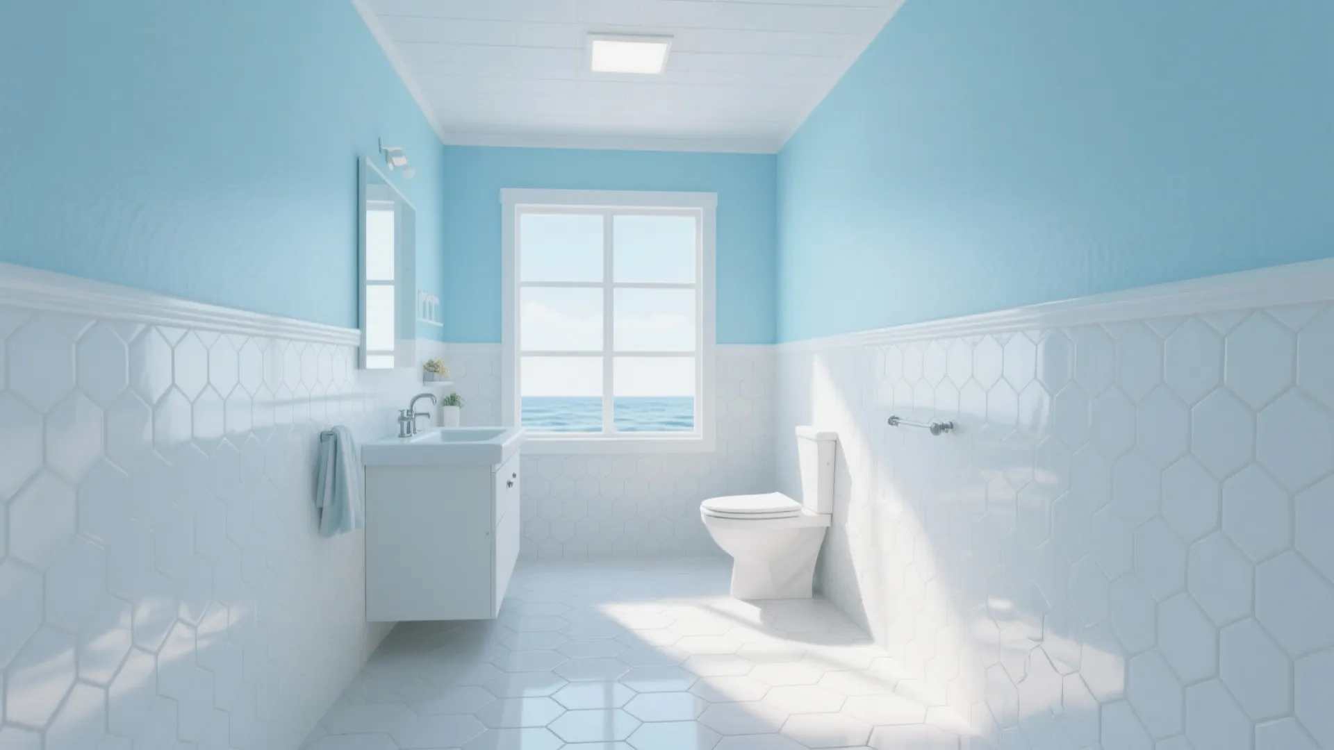 Bright blue and white bathroom with hexagon wall panel and large window showing sea view