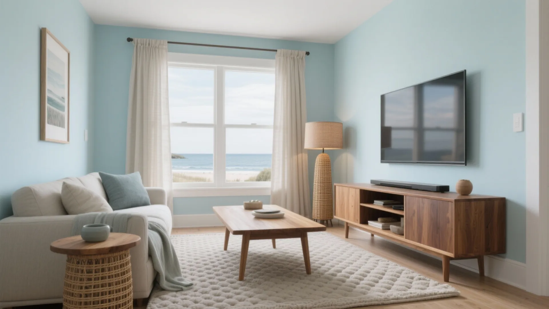 Soft Blue Walls with Natural Wood and Texture