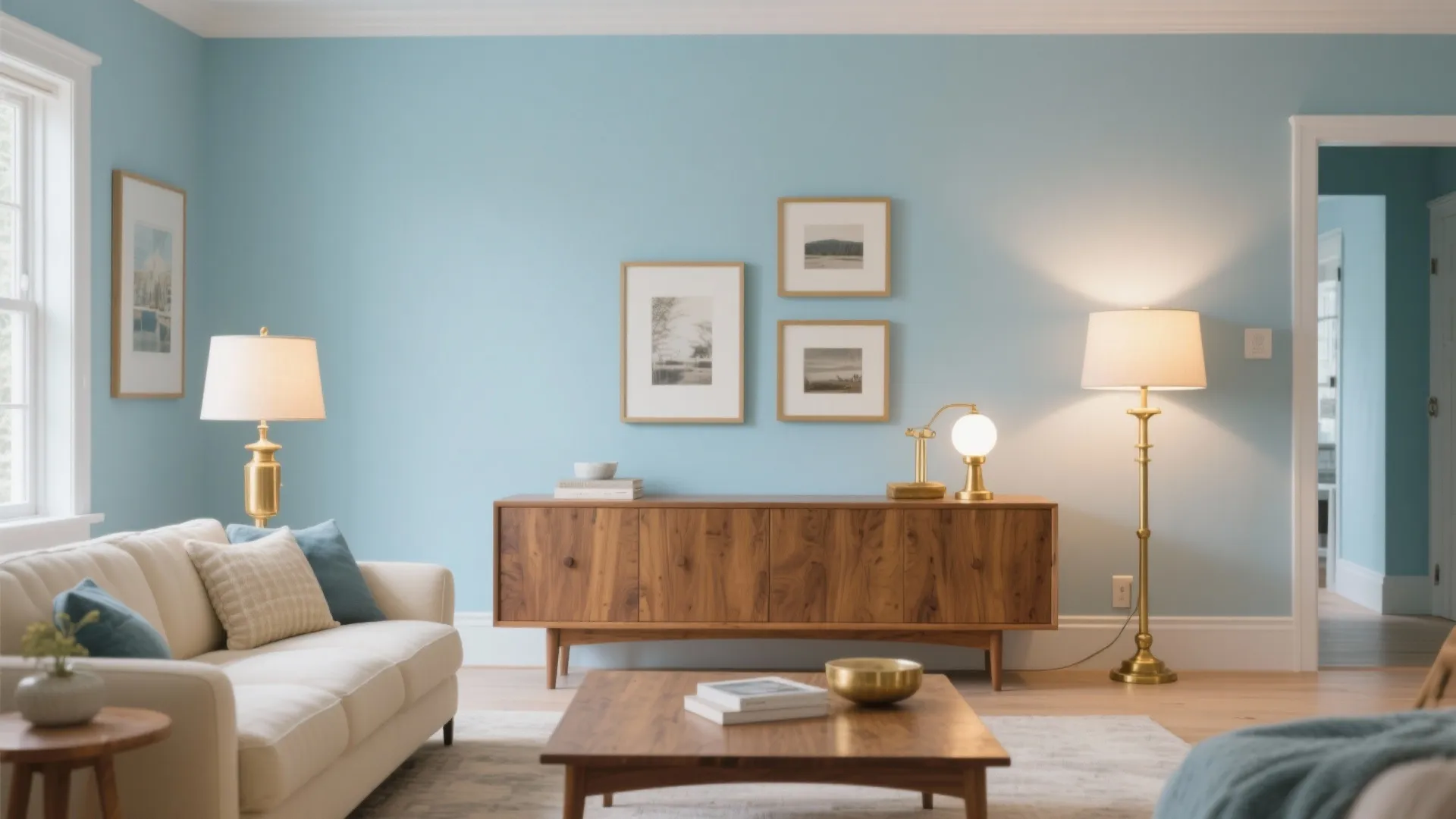 Soft Blue + Warm Wood + Brass