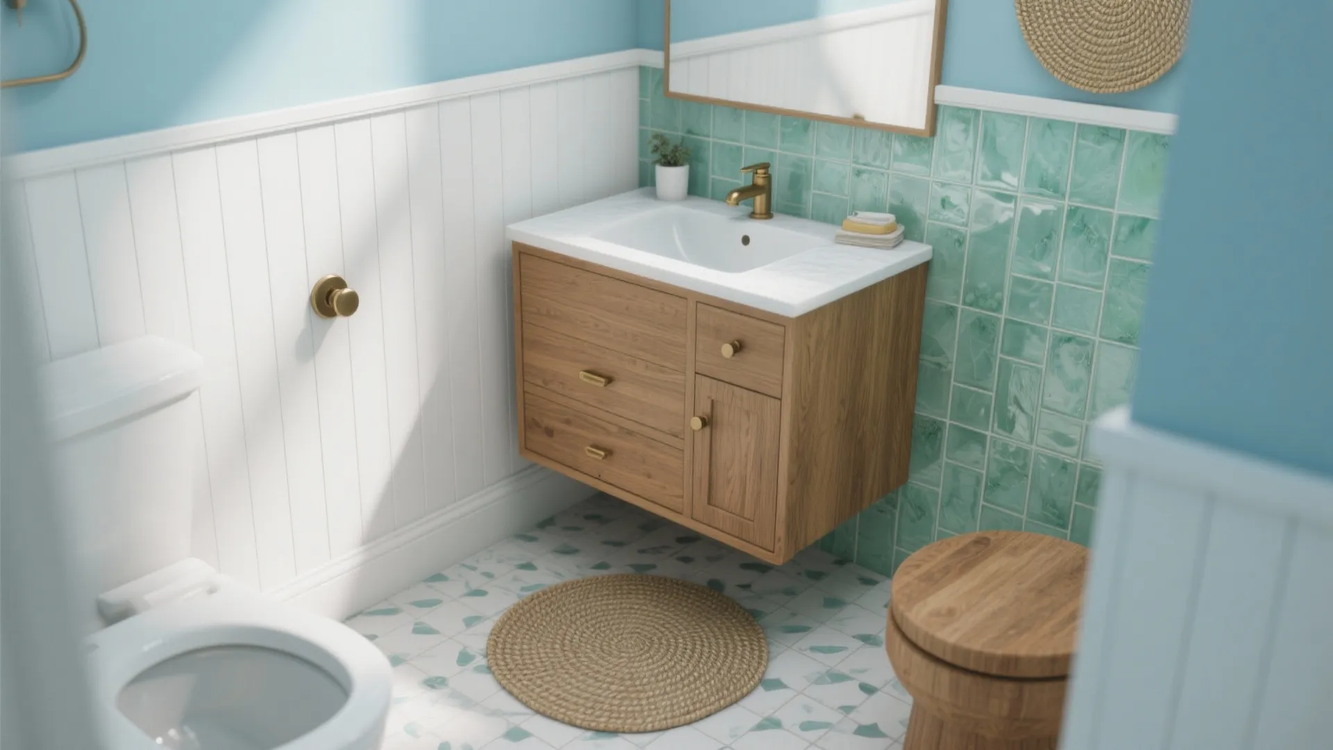 1. Lean into natural materials and soft blues