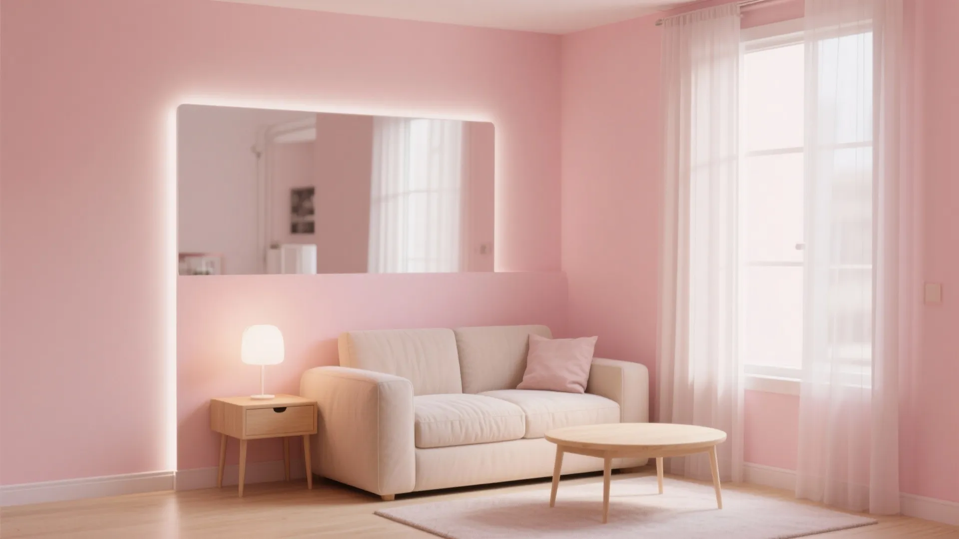 Modern pink living room with white sofa wooden coffee table small lamp and large wall mirror