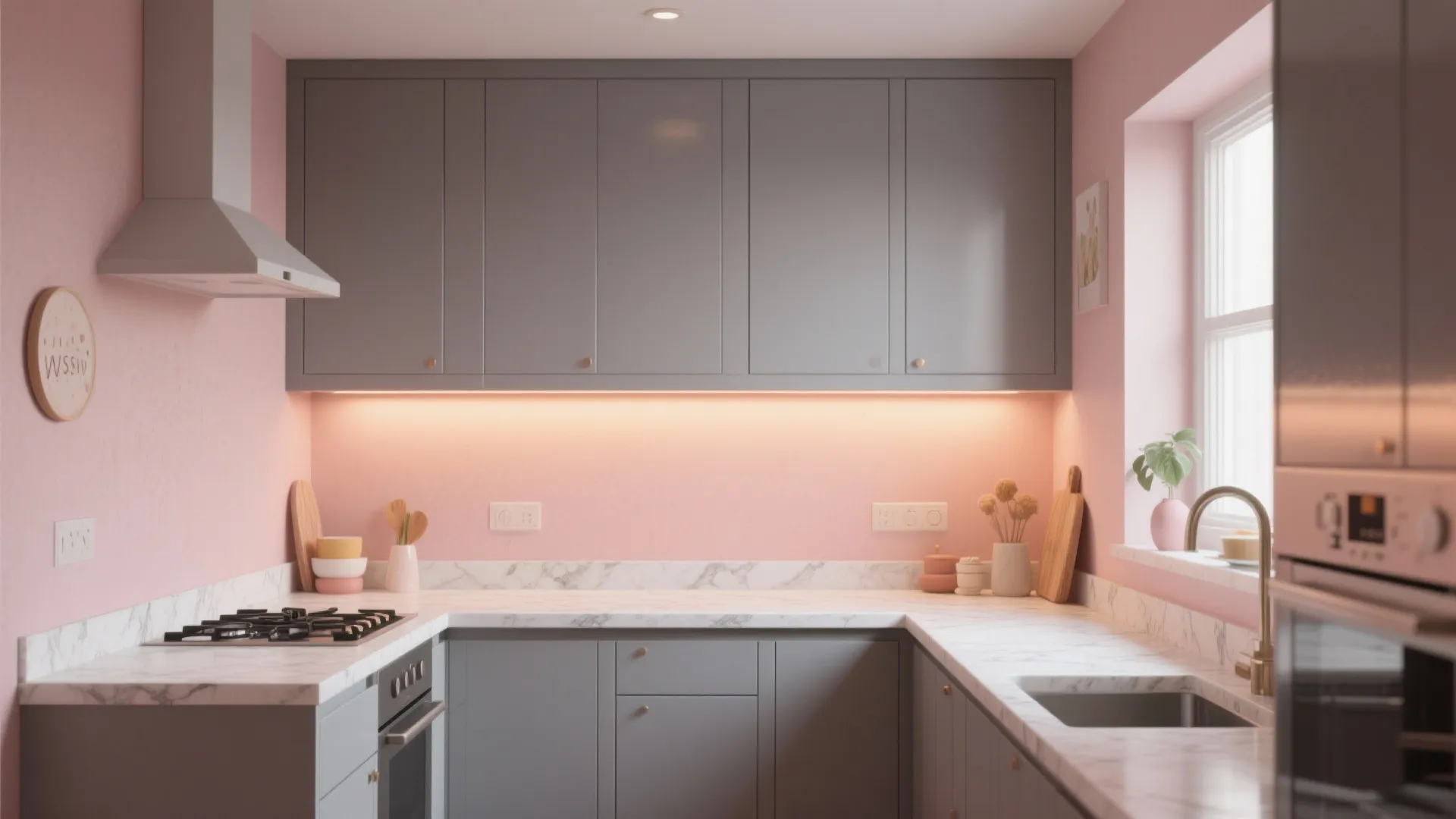 Modern pink kitchen with grey cabinets marble countertop stove sink range hood and under cabinet lighting