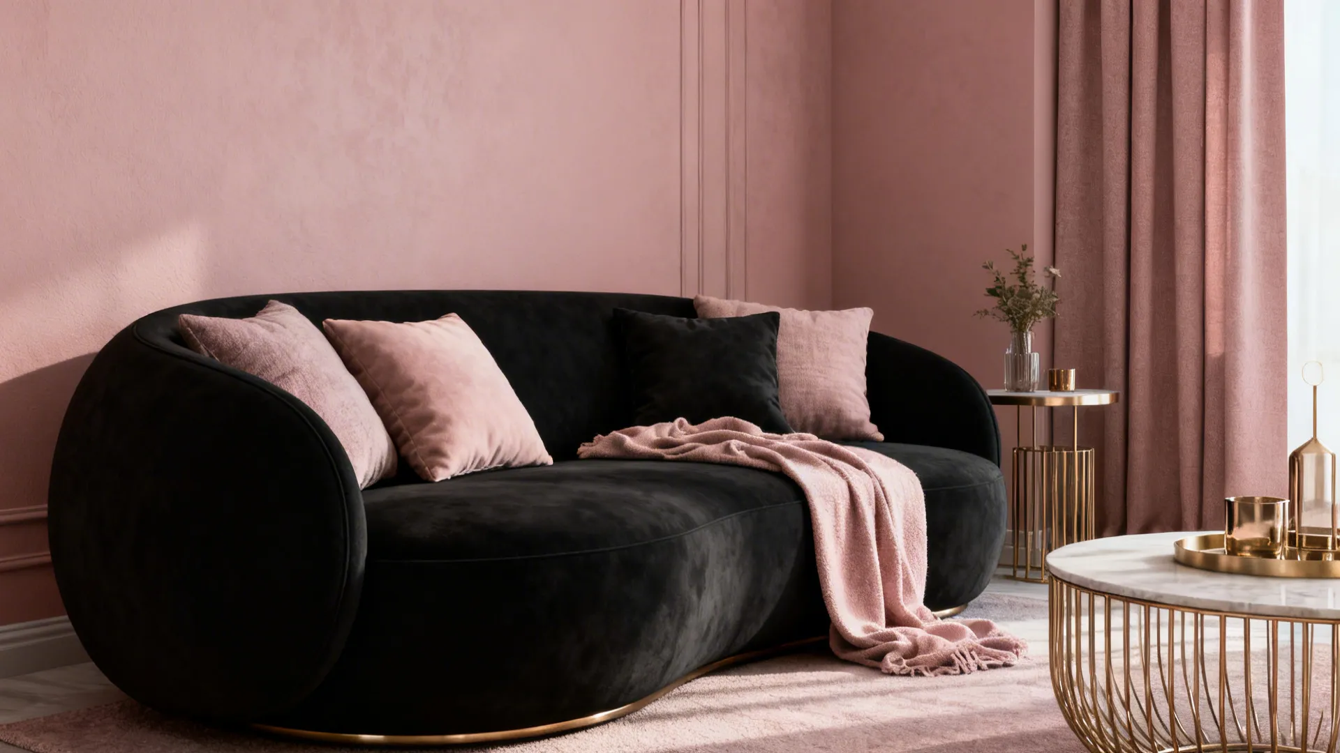 Interior vignette with black rounded furniture against muted blush walls and mixed metal accents