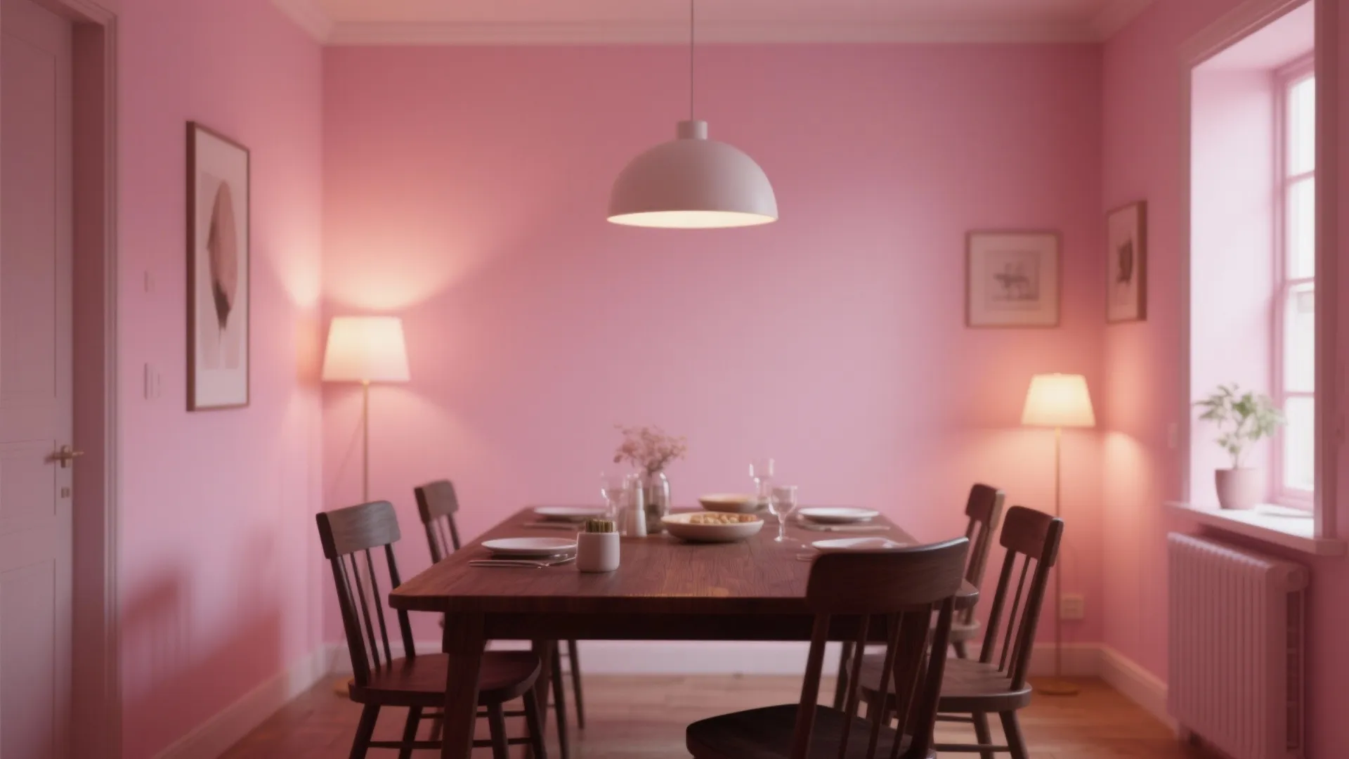 Dining room with soft blush walls and dark wood furniture