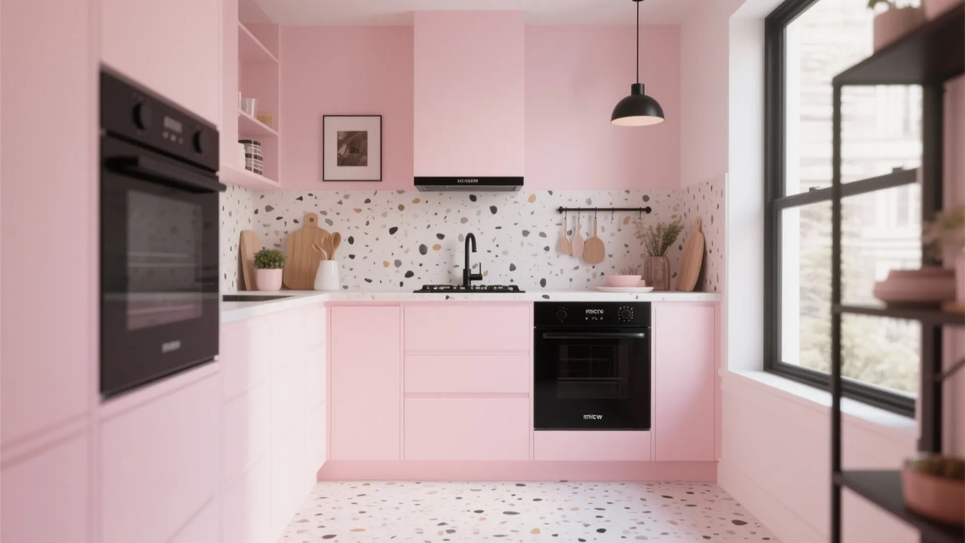 Modern pink kitchen with black oven and ceiling light featuring speckled wall and floor tiles