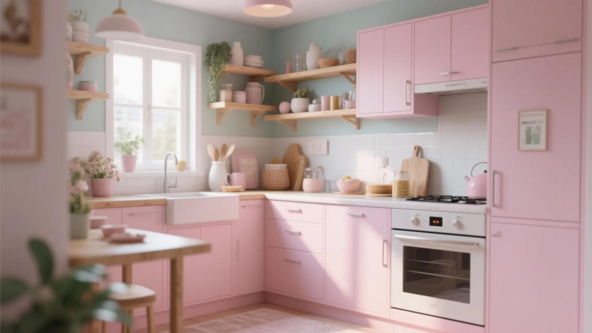Cozy pink kitchen with wooden shelves light green walls white sink and small white gas stove