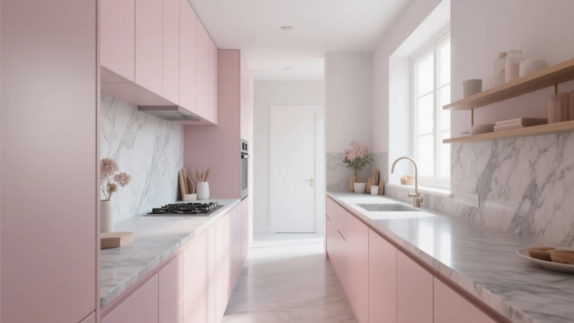 Modern pink kitchen with marble countertops, light wood shelves, white walls, and a bright window