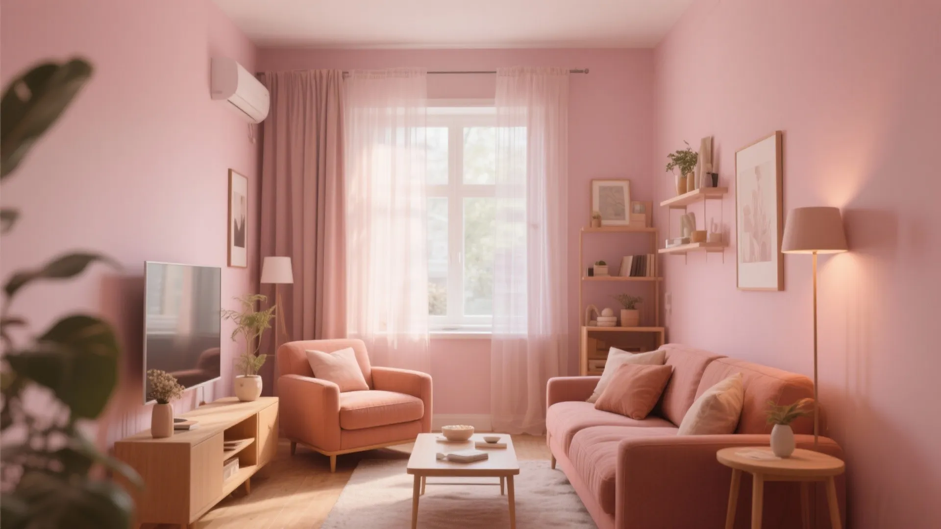 Soft pink living room with coral sofa matching armchair wooden coffee table television and natural light