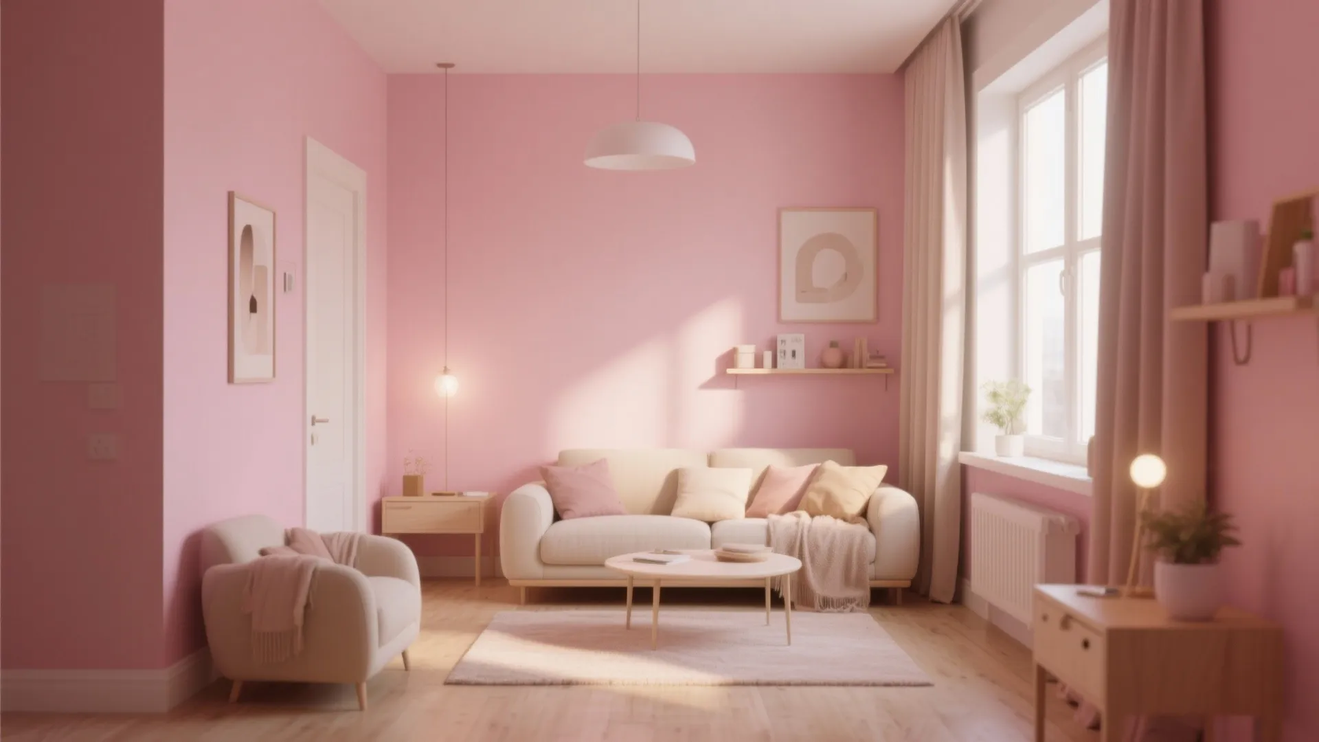 Soft blush pink living room with cream and sand tones