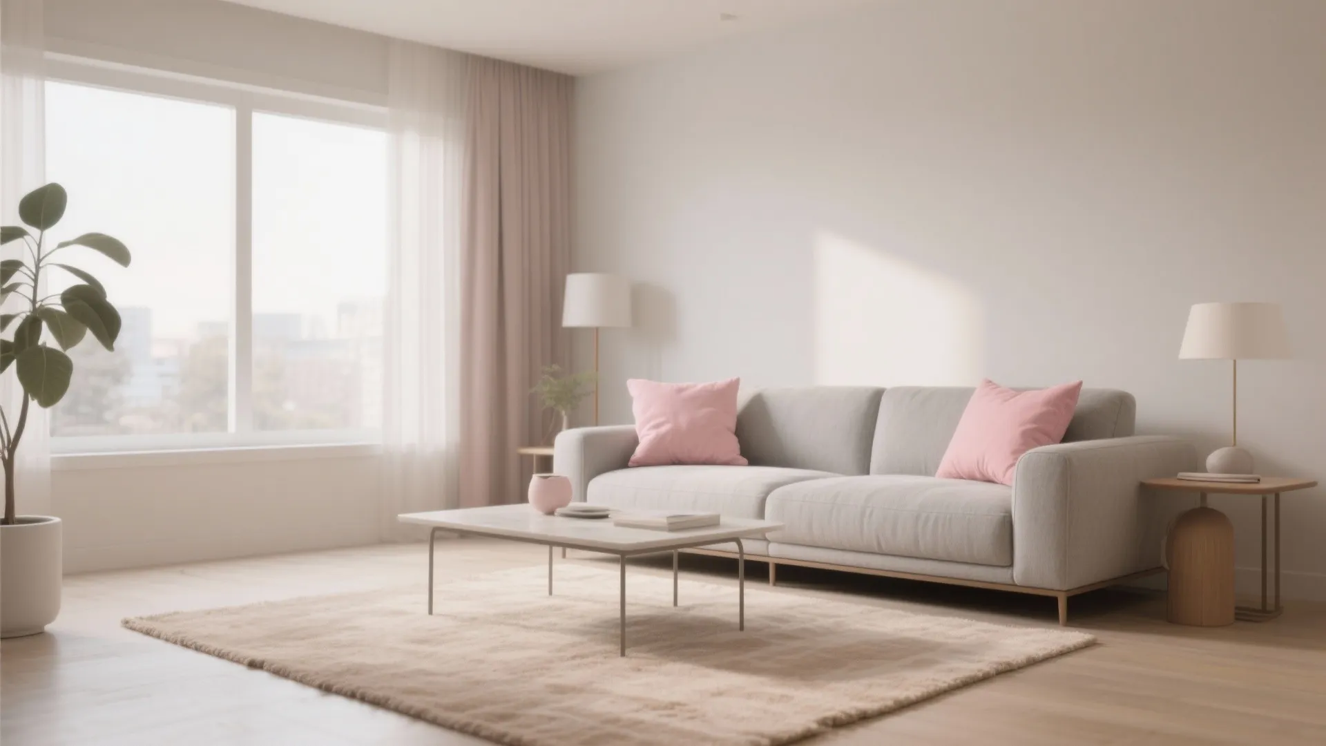Minimalist living room with grey sofa pink pillows white coffee table floor lamp and large window