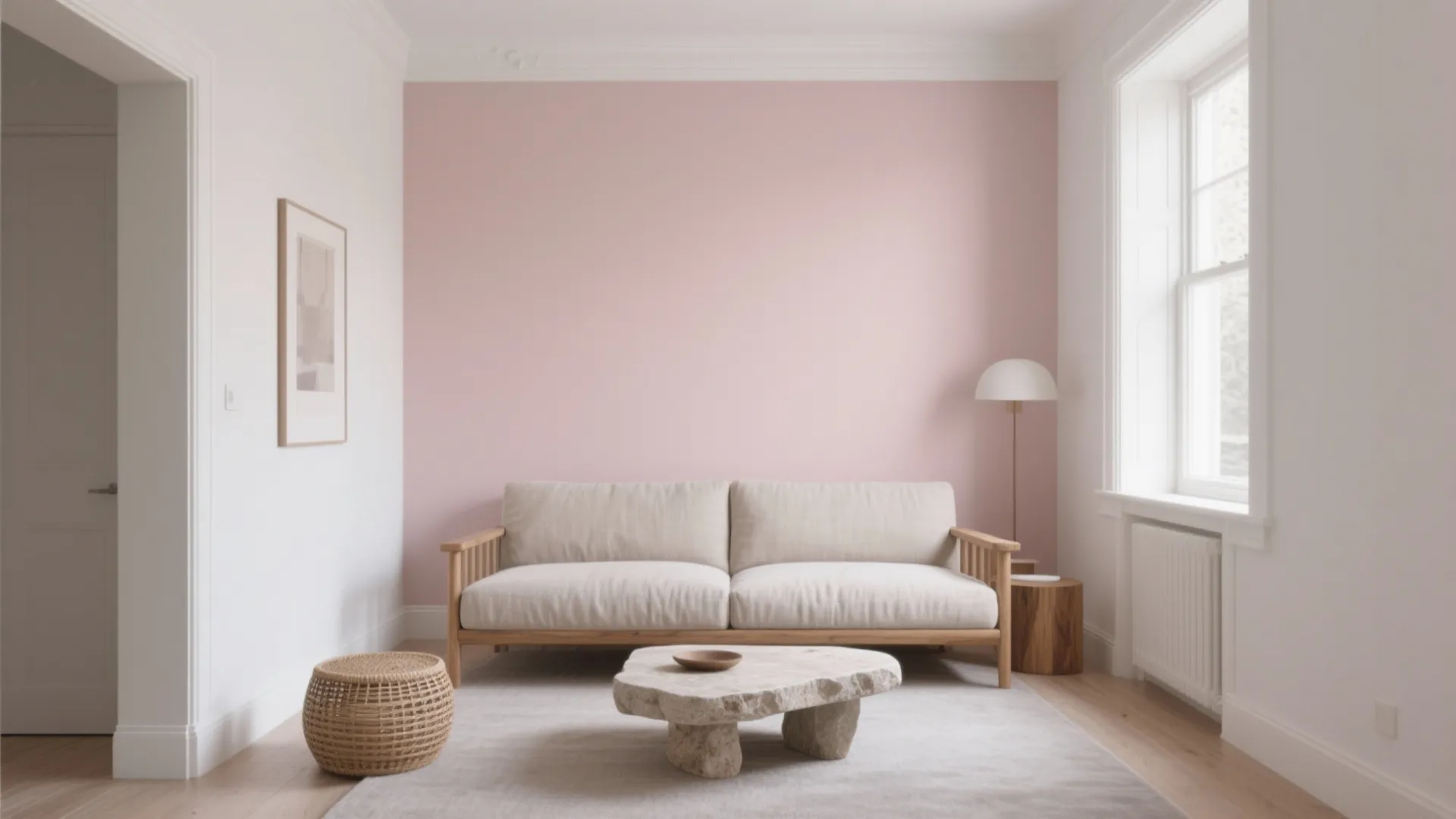 Minimalist living room featuring blush pink wall beige sofa stone coffee table and white floor lamp