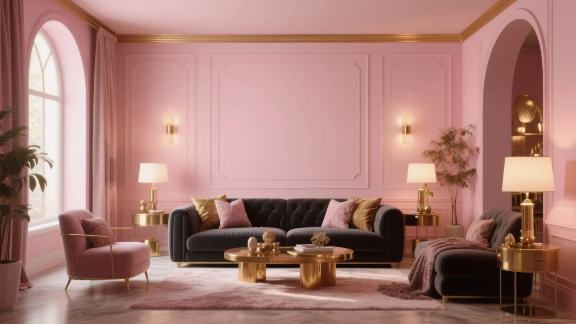 Elegant pink living room with black sofa golden coffee table wall panel and multiple table lamps