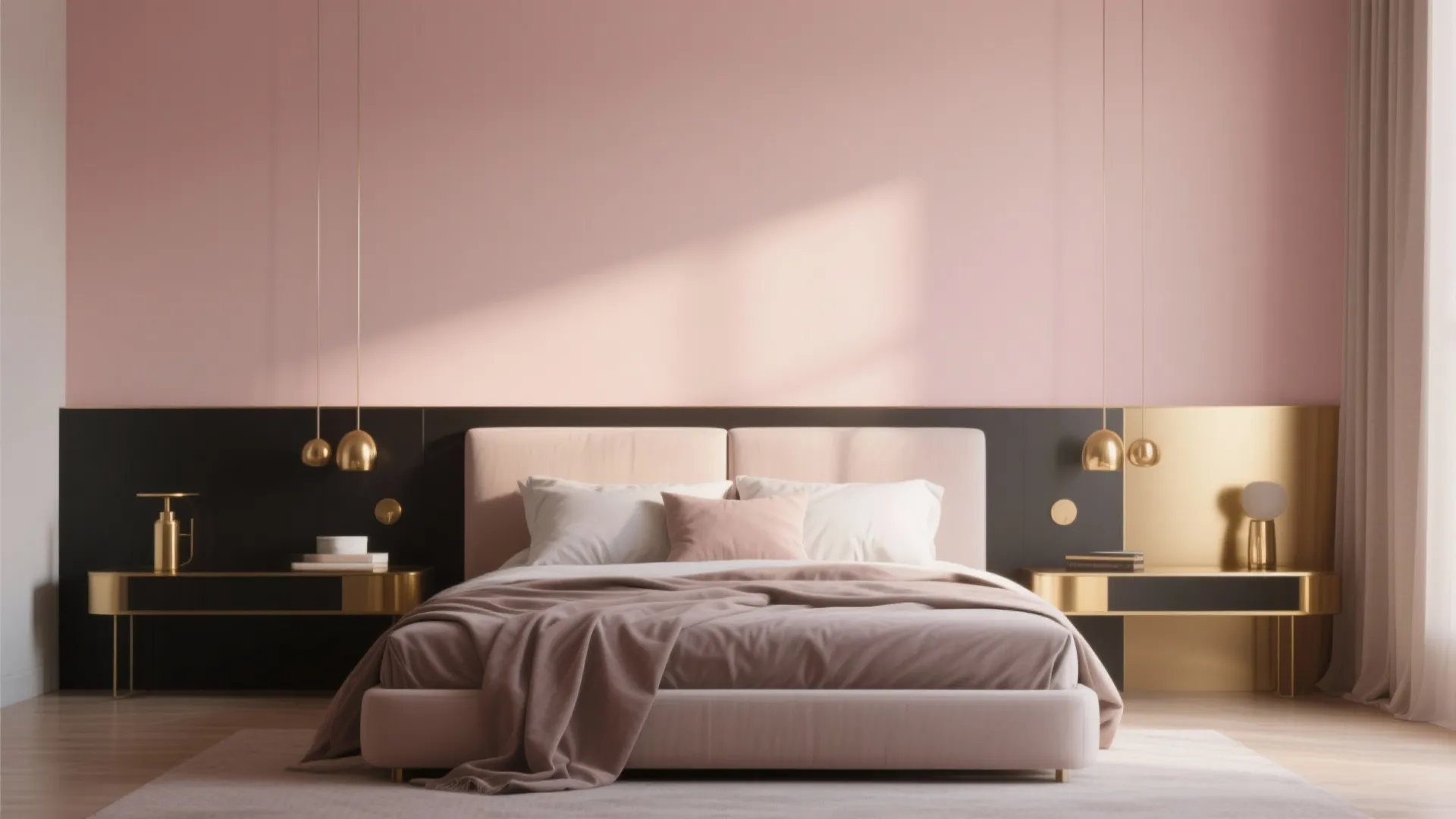 Soft blush matte accent wall in a bedroom with gold fixtures and muted textiles