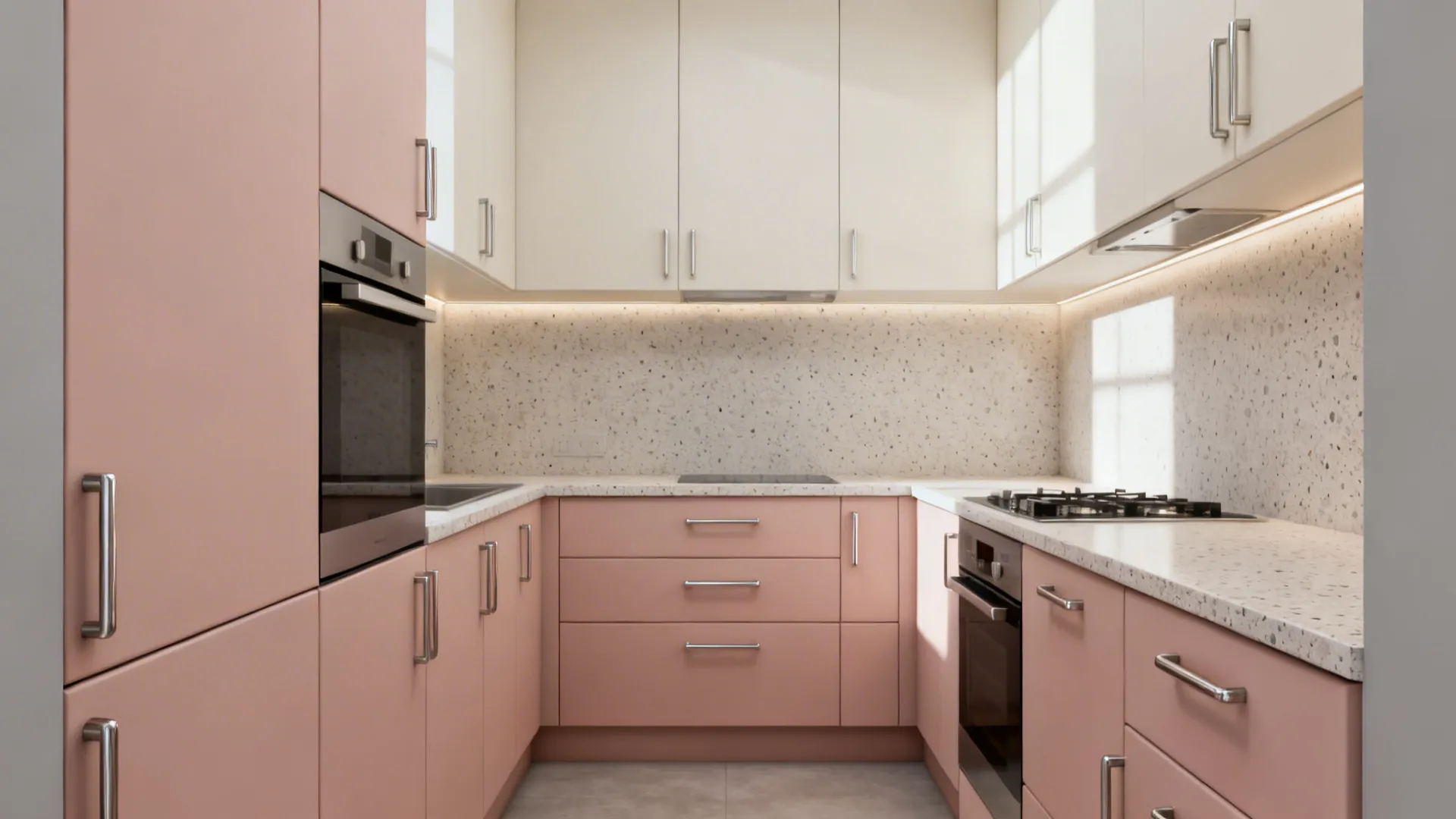 Soft blush matte modular cabinets with pale terrazzo counters in a compact kitchen.