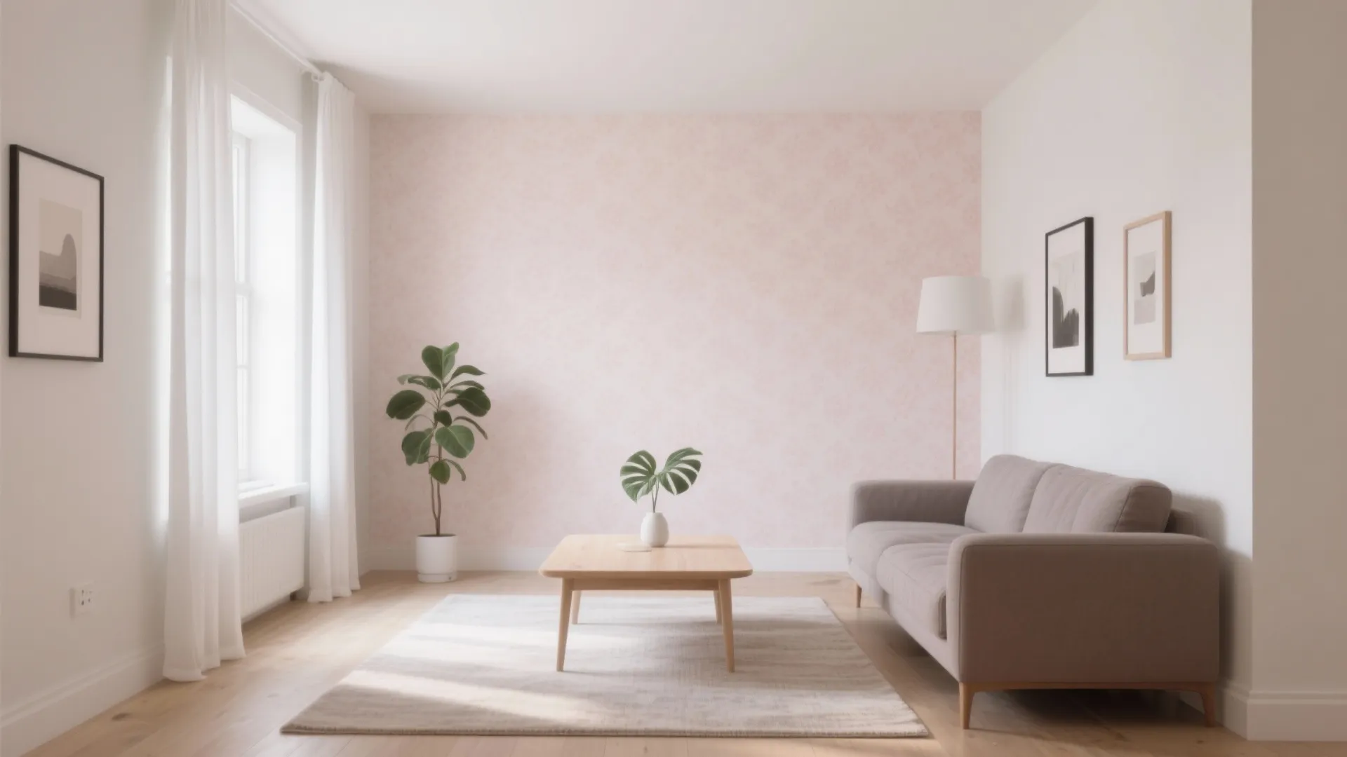 Minimalist living room with pink floral wallpaper, grey sofa, wooden coffee table, and indoor plants
