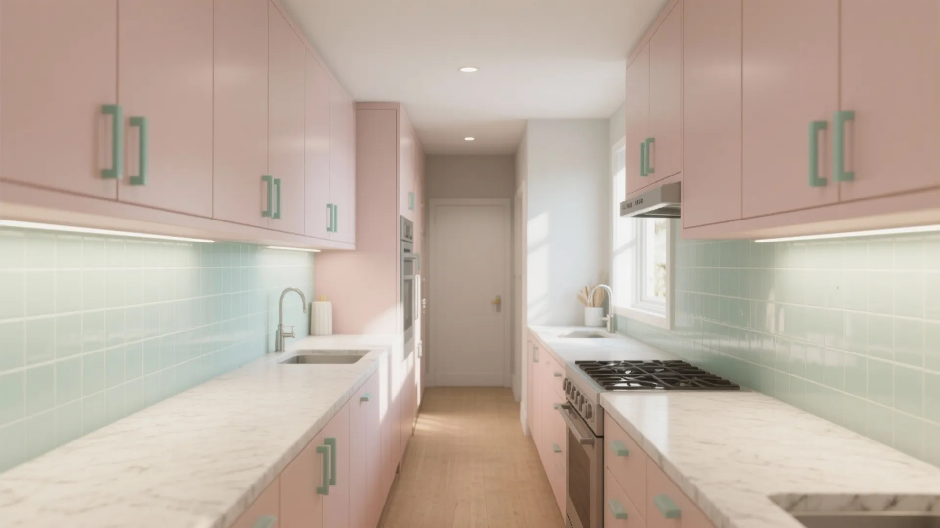 Narrow galley kitchen with soft blush cabinets and mint accents creating an airy feel