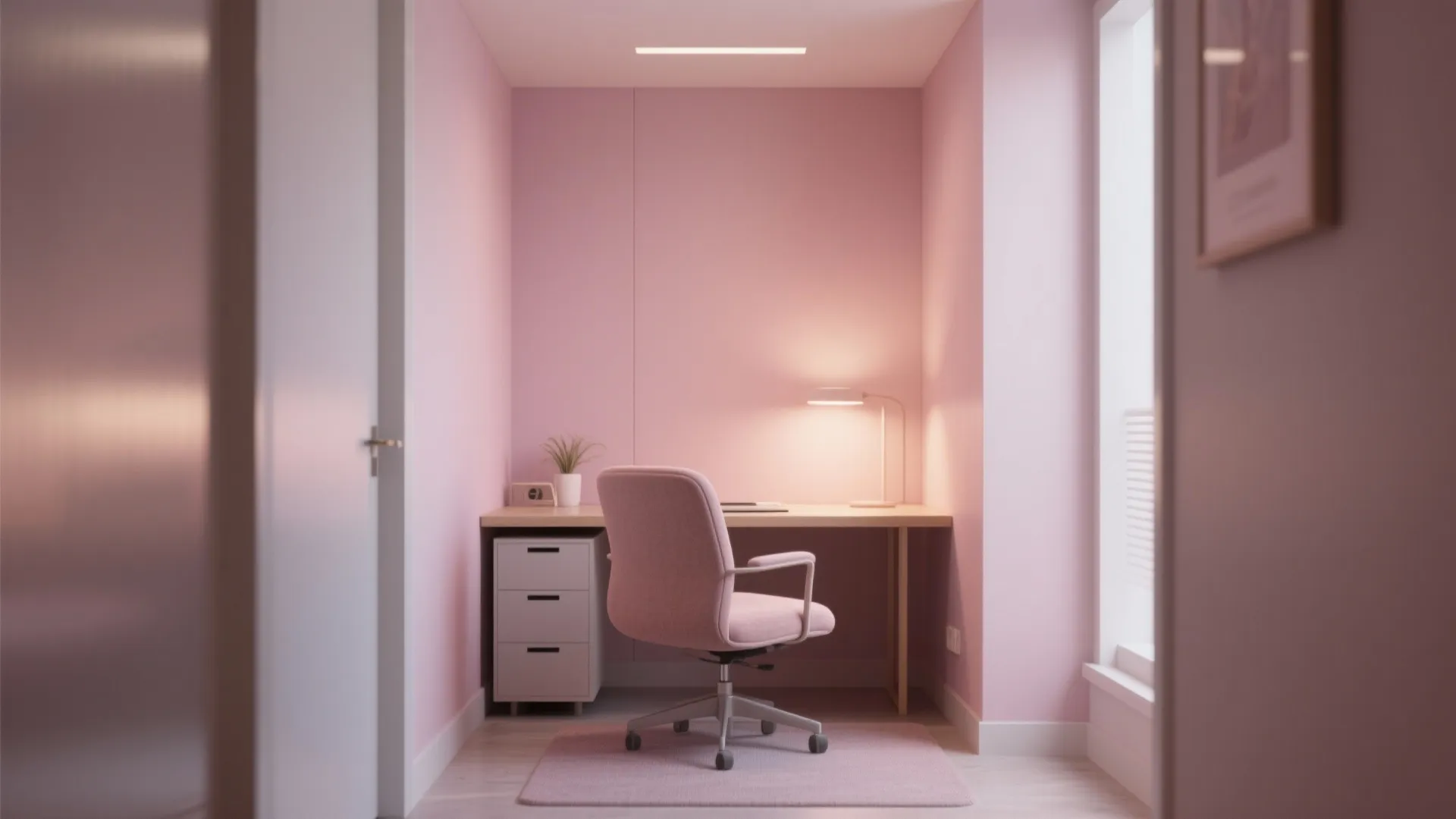 Small home office with pink walls pink swivel chair wooden desk and a white cabinet
