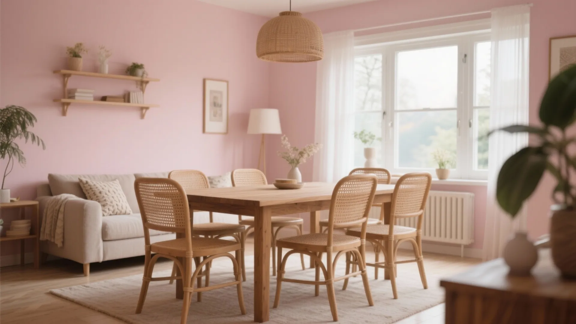Bright dining room with pink walls wooden table set light fixture and large window view