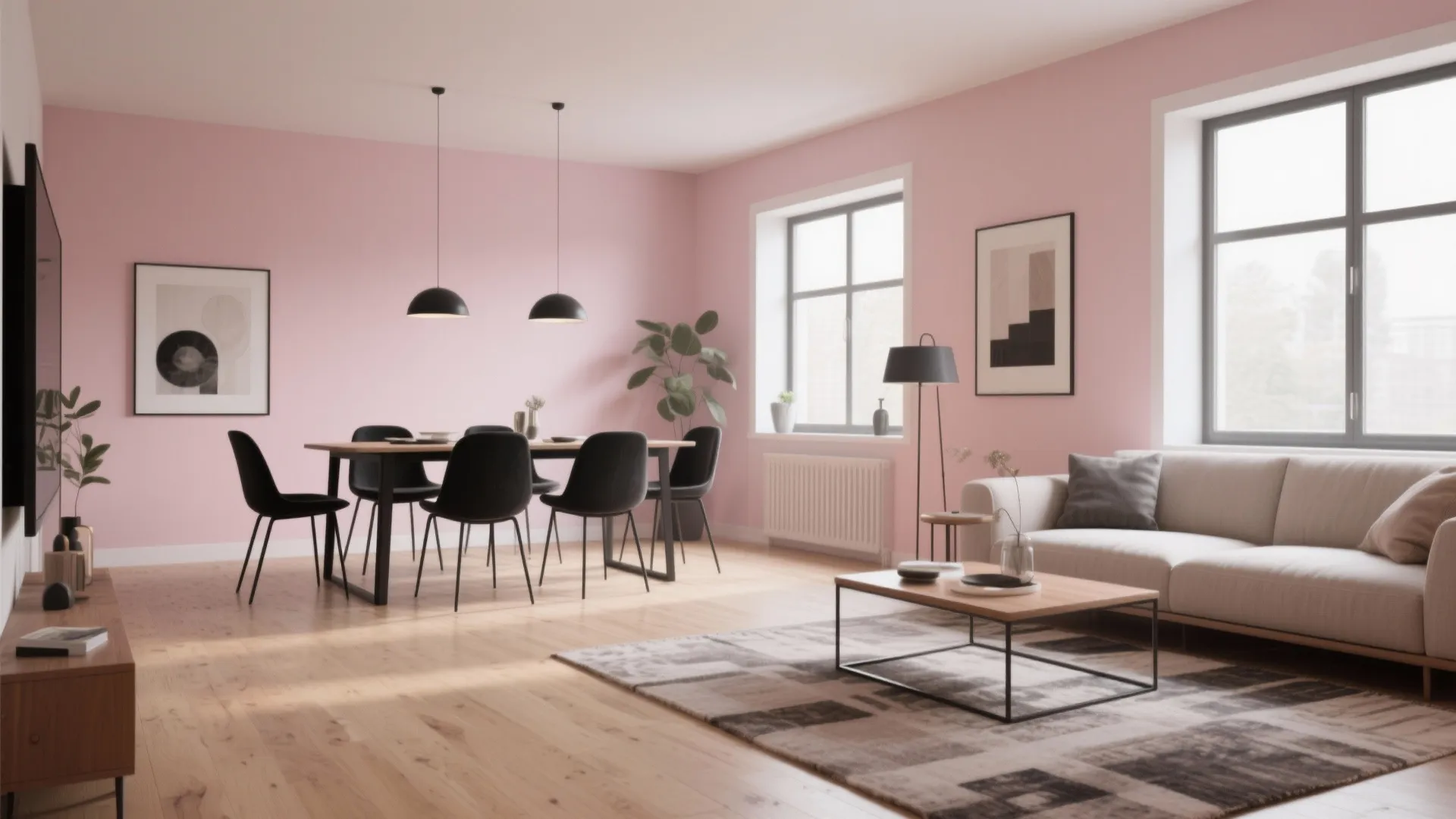 Soft blush walls with black dining chairs in open space