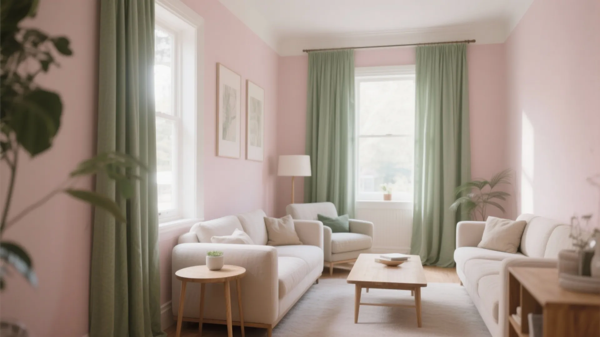 Soft pink living room with green curtains white sofas wooden coffee table and natural light