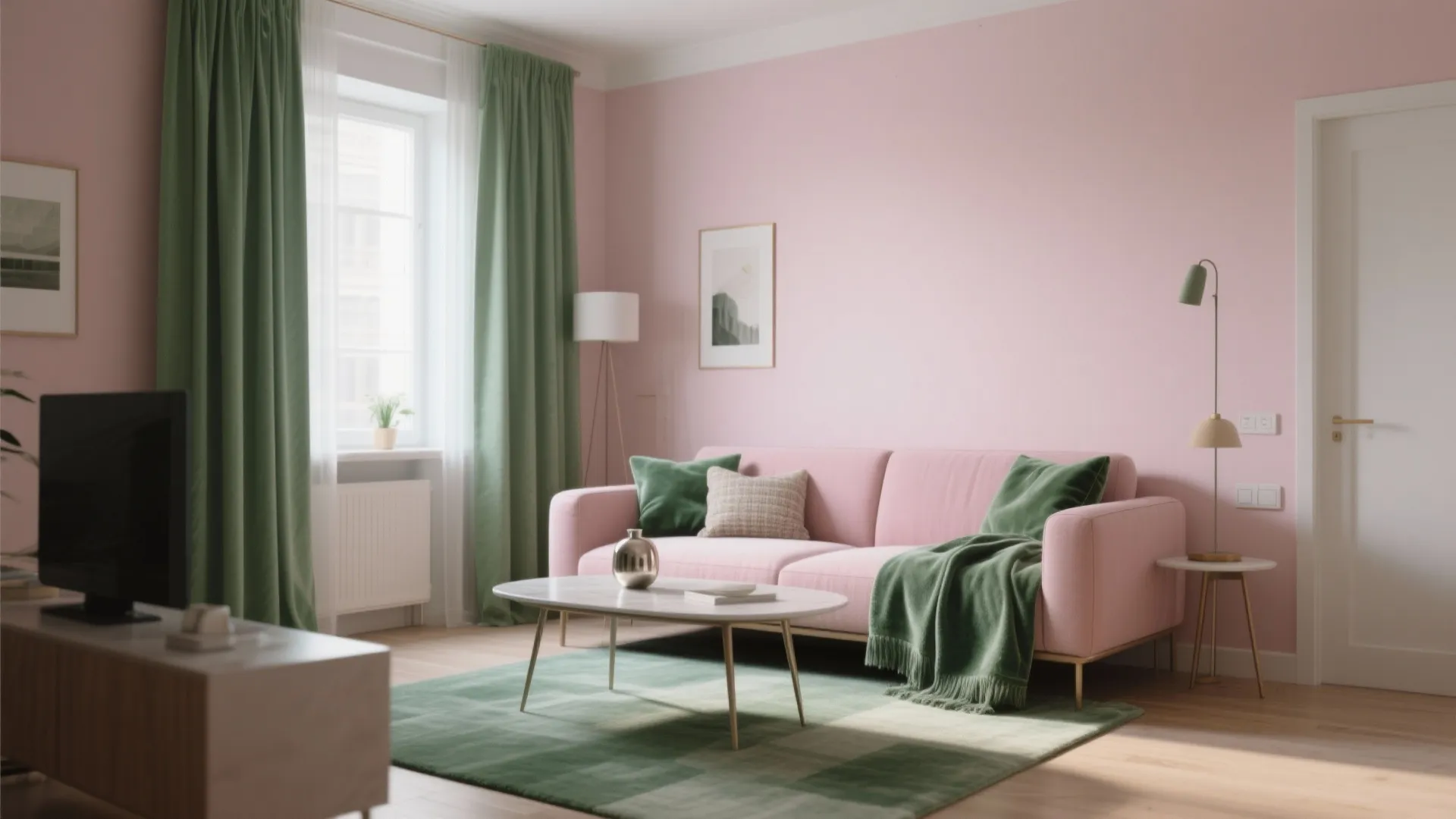 Small living room with blush seating and sage green curtains and rug, layered textures and soft daylight.