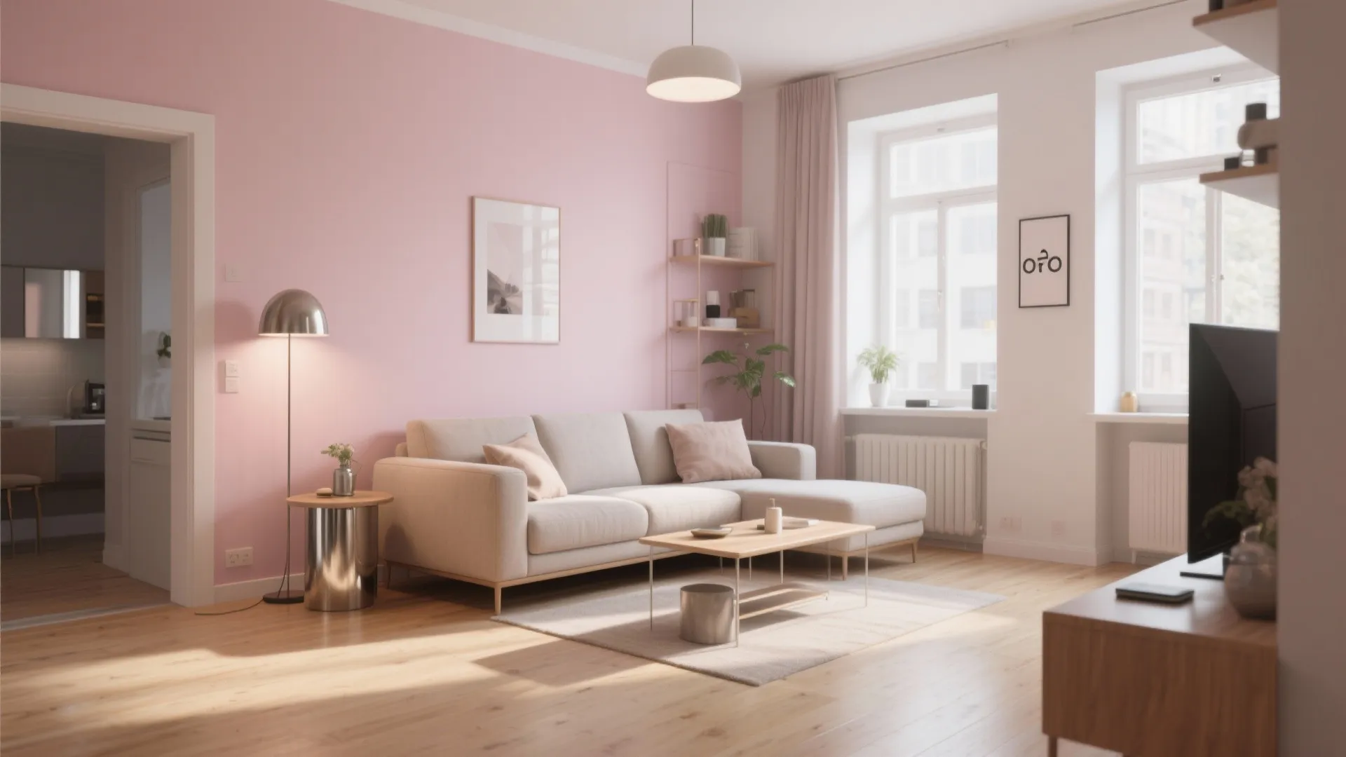 Living room featuring soft pink walls, beige sofa, silver floor lamp, wooden coffee table, and window